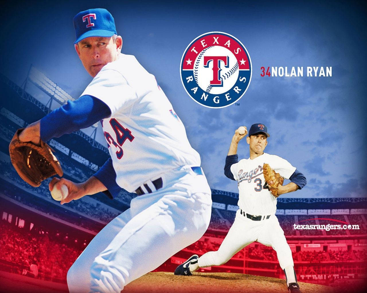諾蘭·萊恩德州遊騎兵隊球員 壁紙 — 棒球傳奇 Nolan Ryan 身穿德州遊騎兵隊制服，在球場背景下動態投球，帶有球隊標誌和34號。