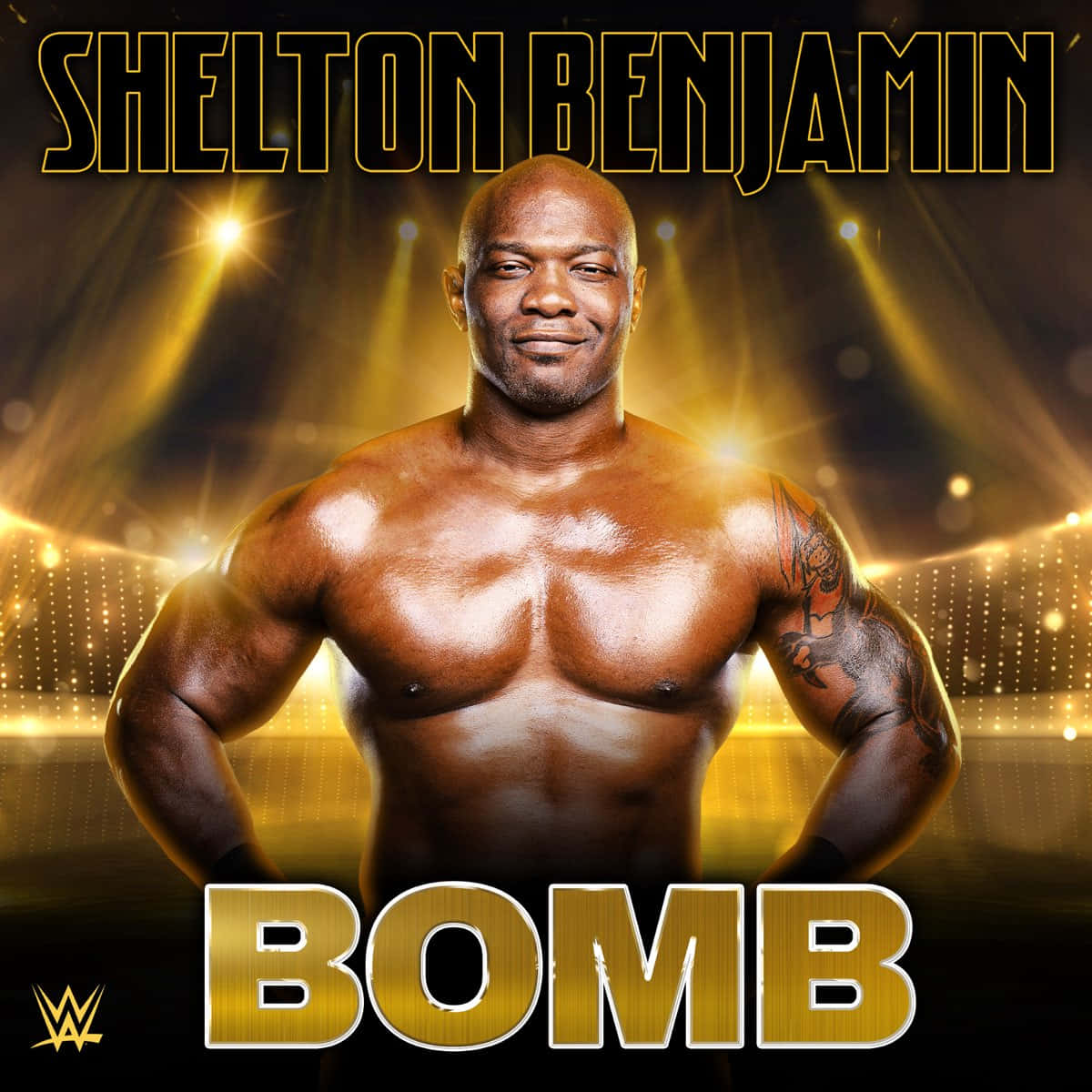 WWE 摔角手 Shelton Benjamin 在金色舞台燈光下赤裸上身擺姿勢，帶有「BOMB」文字。