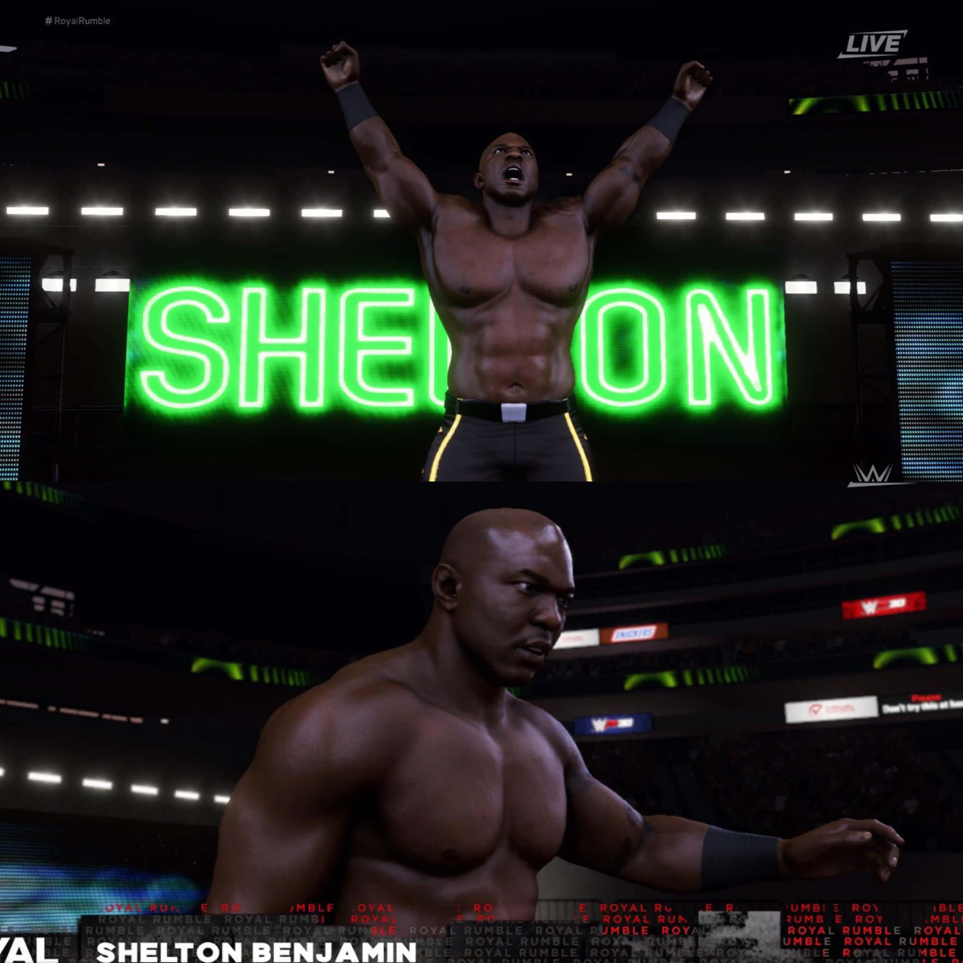 WWE摔角手Shelton Benjamin在燈光明亮的場館中慶祝勝利。