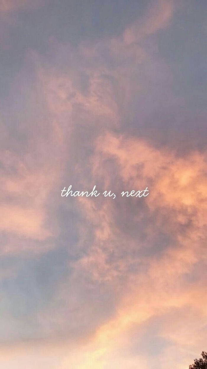 粉彩日落天空，有柔和嘅雲同埋 thank u next 文字
