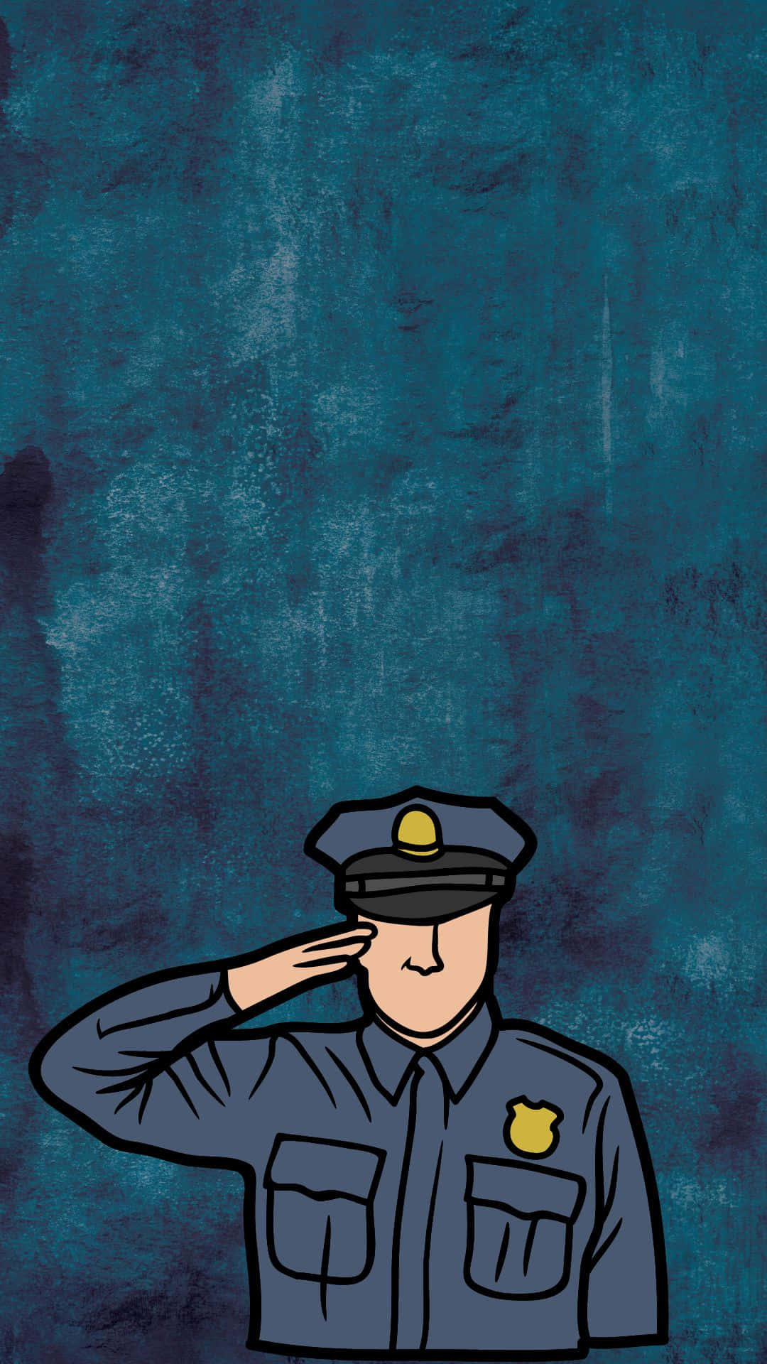 身穿制服的警察在帶有紋理的青綠色背景前以莊嚴表情敬禮。
