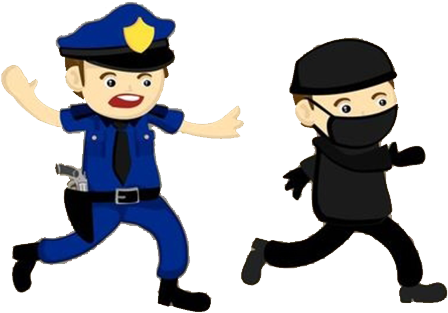 警察與小偷卡通追逐 壁紙 — 藍色卡通警察在純黑色背景上追捕一名戴面具、穿黑衣的小偷。