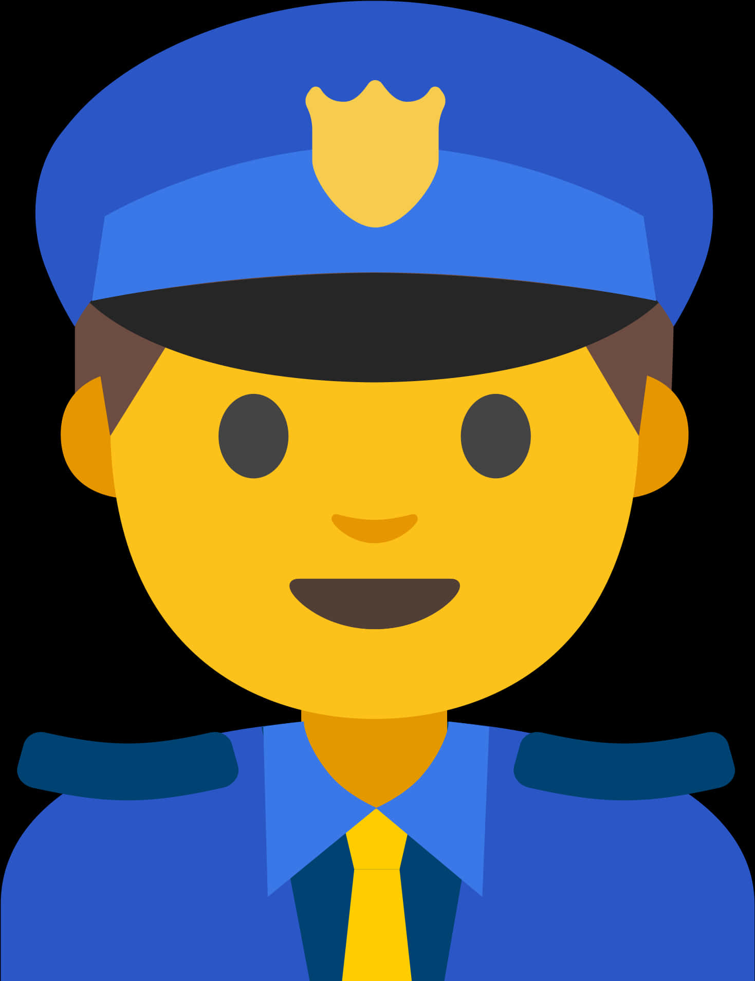 警察表情符號插畫 壁紙 — 一位開心的卡通警察，穿著藍色制服、黃色領帶，帽子上有盾牌徽章。