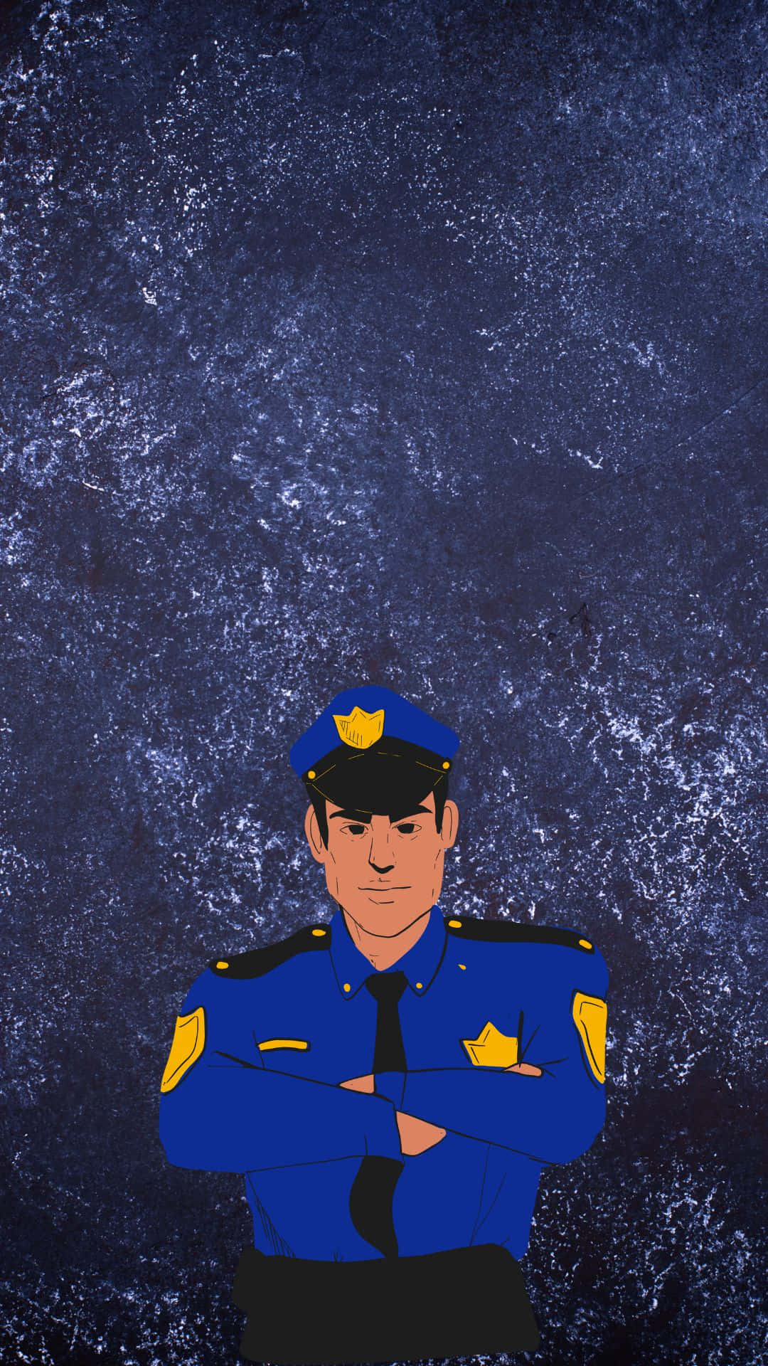 穿著藍色制服的警察雙臂交叉，站在帶有紋理的深藍色背景前。