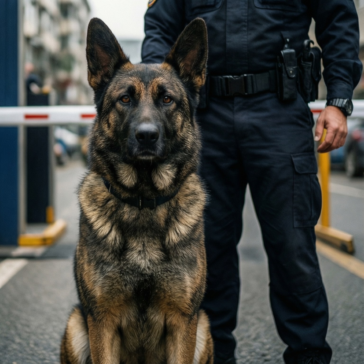 警犬K9在街道障礙物旁警覺地坐在訓練員旁邊。