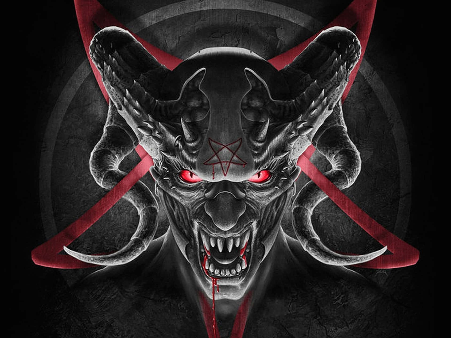 一個帶有發光紅眼和滴血角的惡魔面孔。