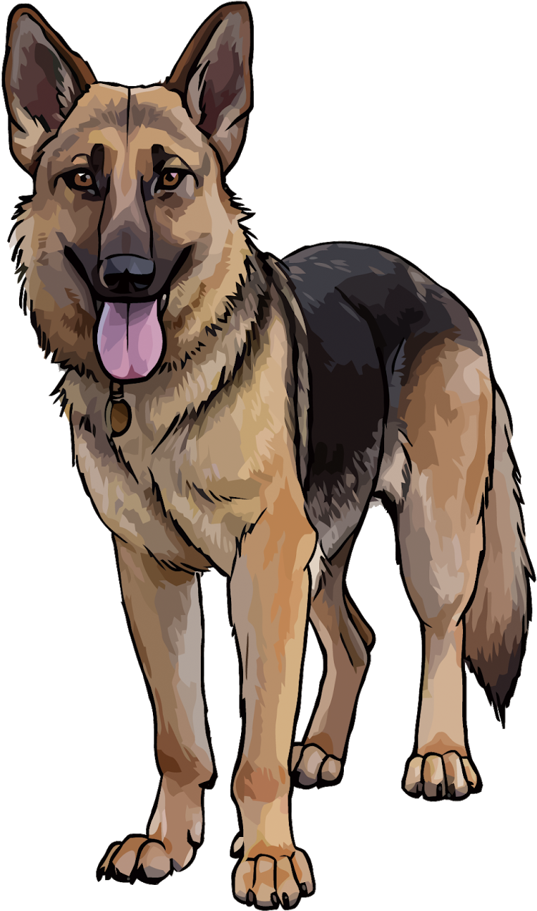 警覺的德國牧羊犬插畫 壁紙 — 一隻開心的德國牧羊犬警覺地站著，舌頭伸出，背景是純黑色。