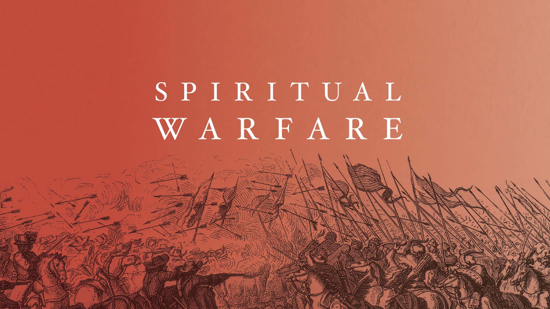 戰鬥場景插圖，士兵和旗幟在紅橙色天空下。