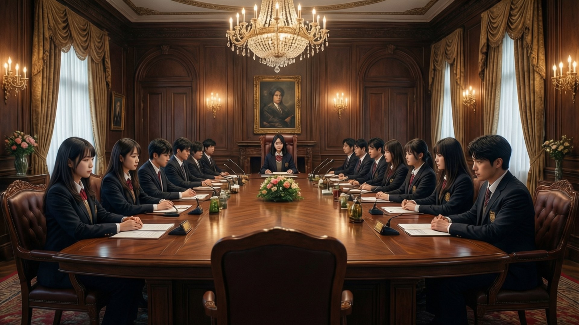 議會廳 壁紙 — 穿著制服的正規學生圍坐在一張華麗的、燭光點亮的董事會會議室裡的大木桌旁，房間裡有吊燈和肖像畫。