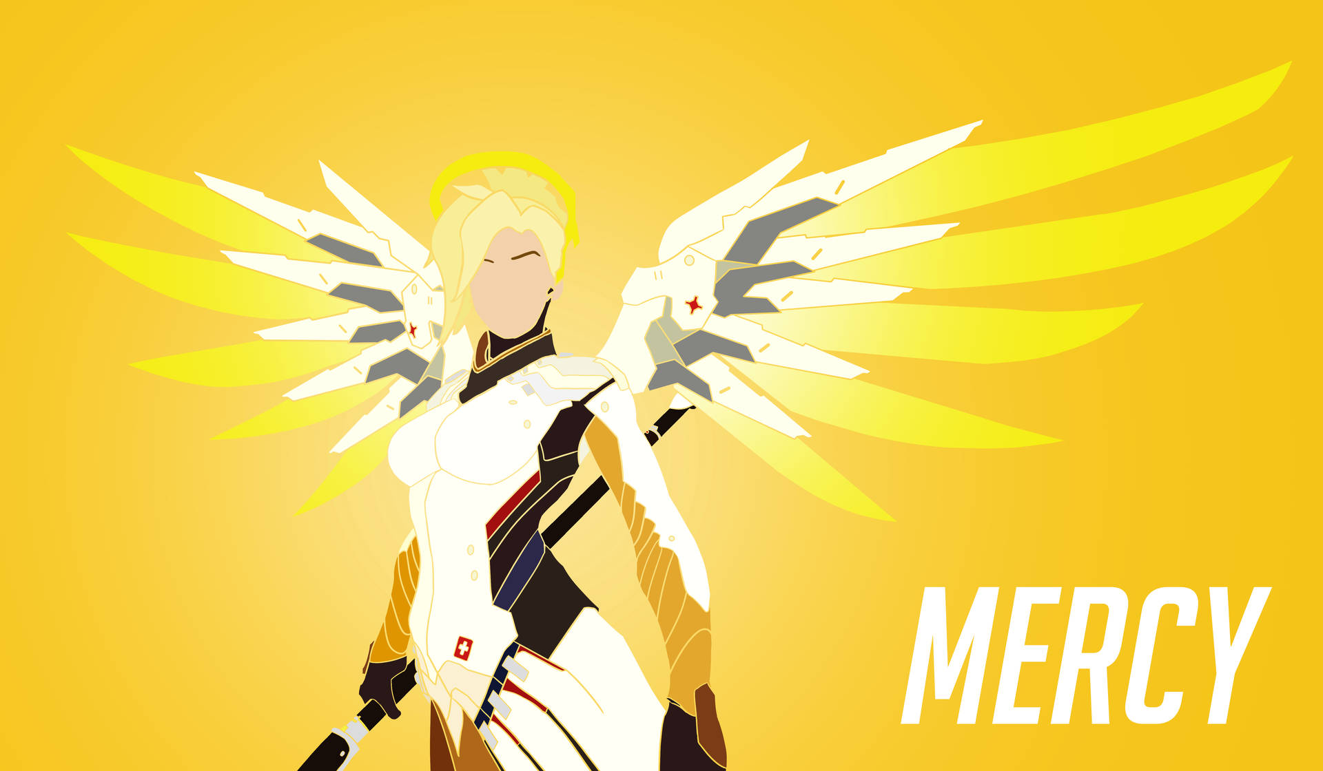 動漫角色 Mercy 帶有白色翅膀和黃色背景。