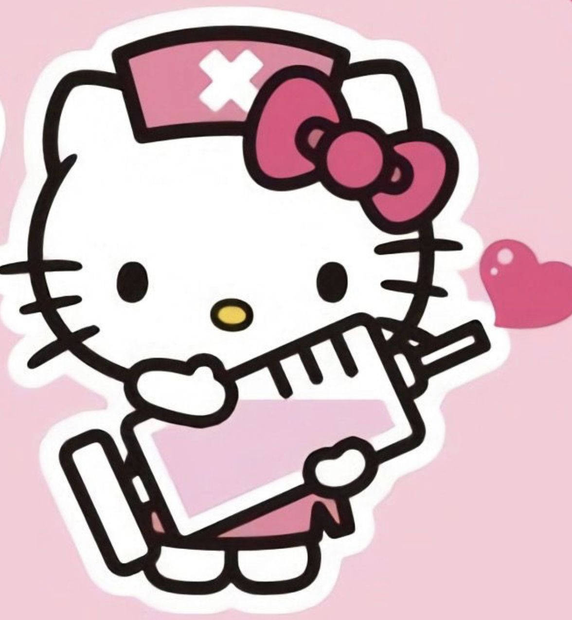 護士造型Hello Kitty卡通頭像 壁紙 — Hello Kitty 穿著粉紅色護士服，在柔和的粉紅色背景上拿著注射器，旁邊有一個漂浮的心形。