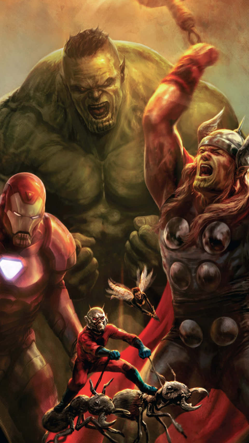 Secret Invasion 桌布 壁紙 — 變形俠醫、雷神和鐵甲奇俠與蟻人一起在火熱的漫畫風格場景中與巨型螞蟻戰鬥。