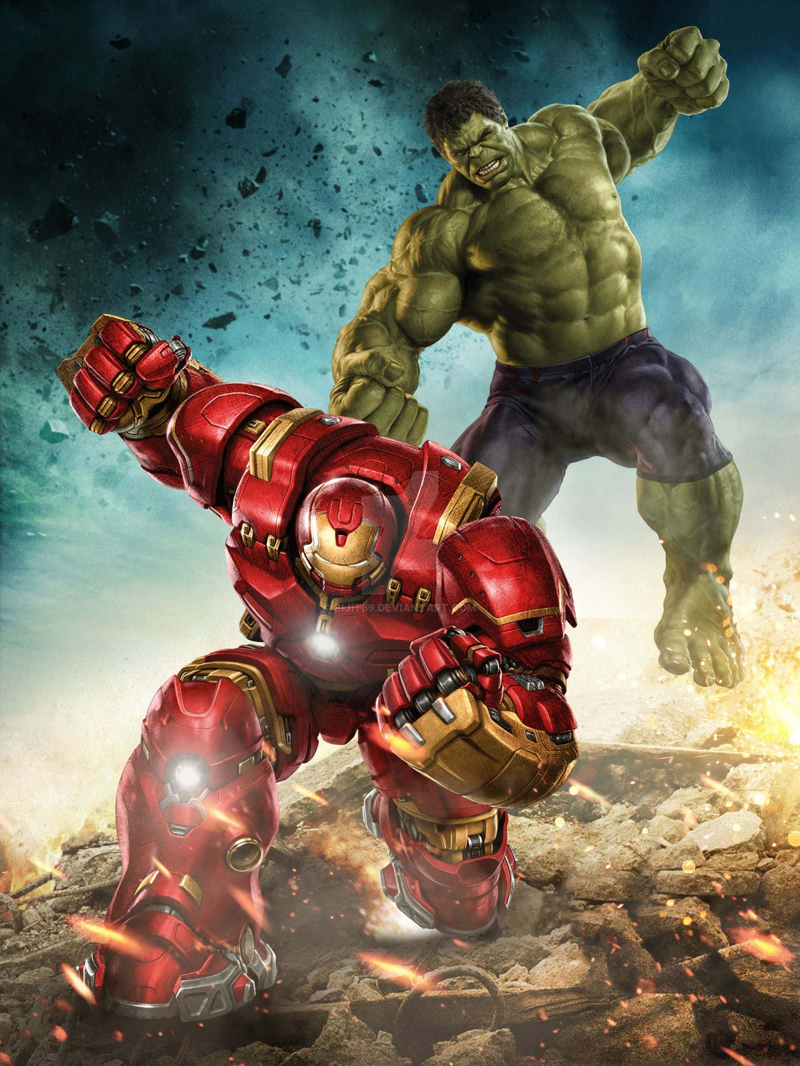 Iron Man Vs Hulk 桌布 壁紙 — 變形俠醫和鐵甲奇俠在破碎的瓦礫和熾熱的爆炸中，在暴風雨的天空下戰鬥。