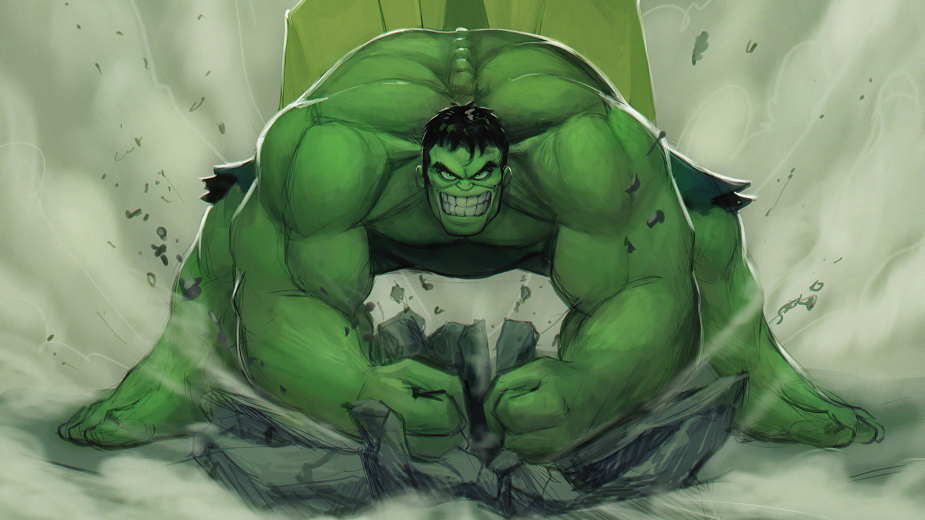 Hulk Smash 桌布 壁紙 — 變形俠醫在旋轉的灰塵和碎片中以巨大的綠色憤怒粉碎石頭。