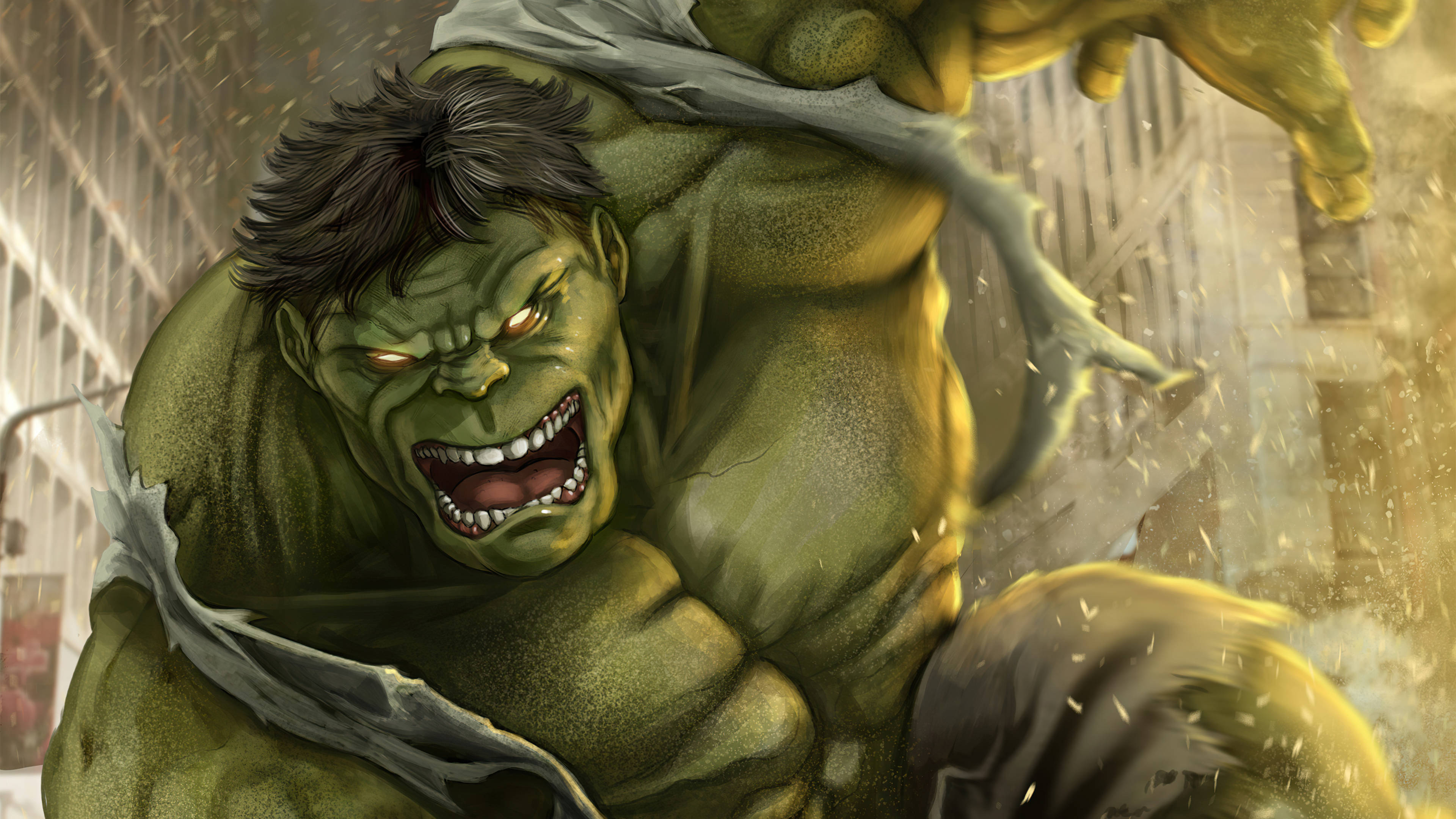 Hulk Smash 桌布 壁紙 — 變形俠醫怒吼著，在動態漫畫插圖中砸穿城市街道。