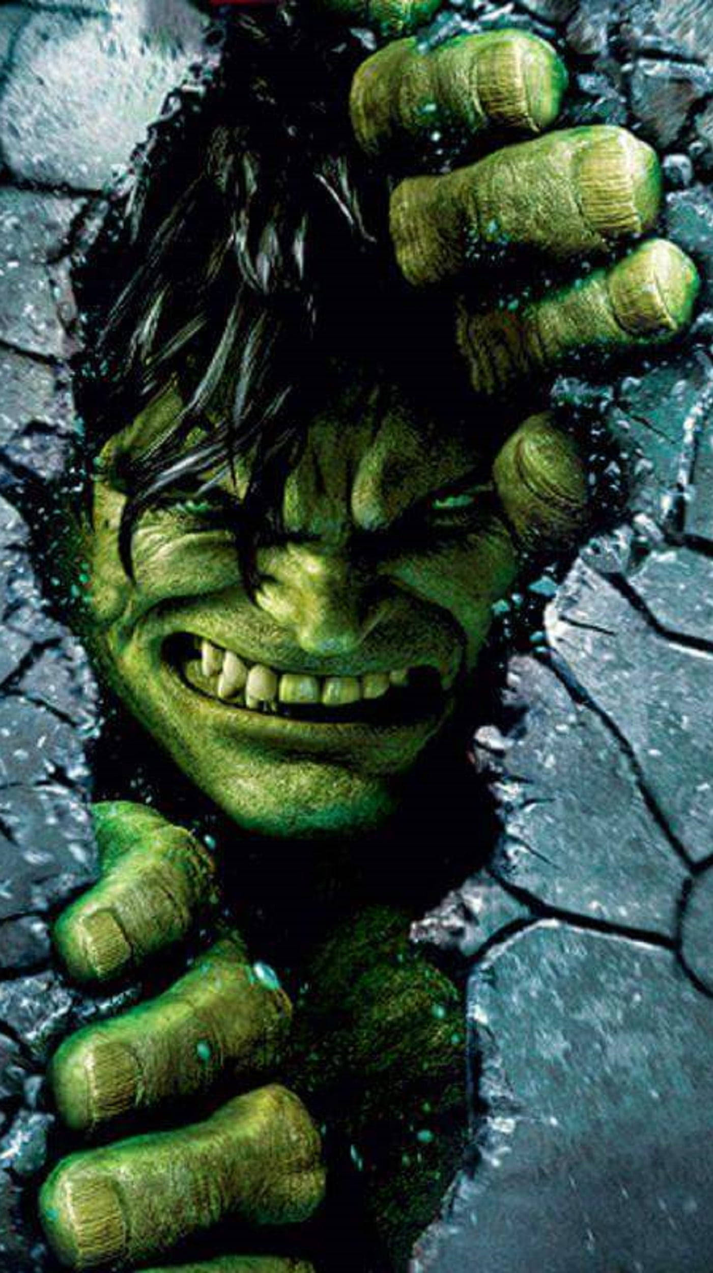 漫畫 桌布 壁紙 — 變形俠醫衝破裂開的混凝土，露出尖牙和發光的綠色眼睛，帶著兇猛的笑容。