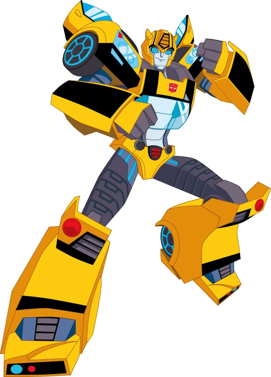 黃色和黑色的機械人，帶有汽車零件和藍色點綴，擺出英雄姿勢。