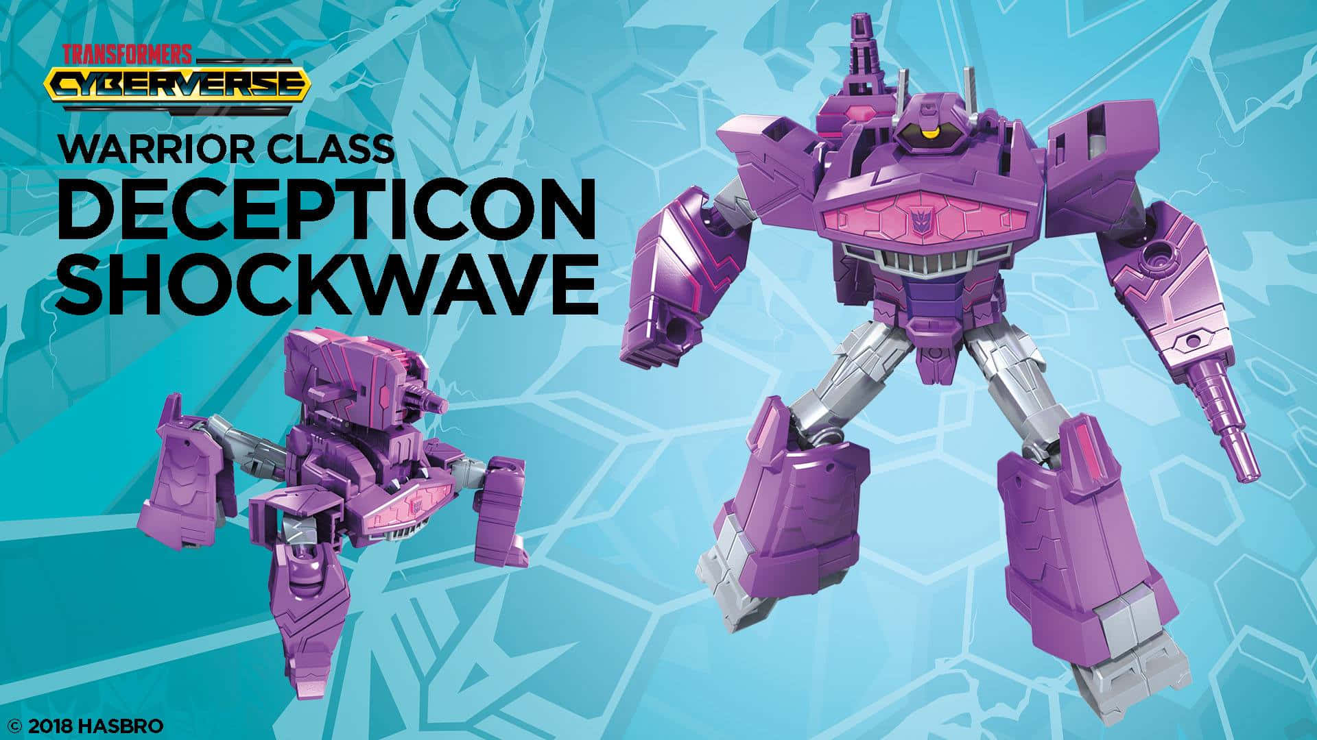 兩個紫色 Transformers 動作人偶，標有 Decepticon Shockwave，背景為藍色。