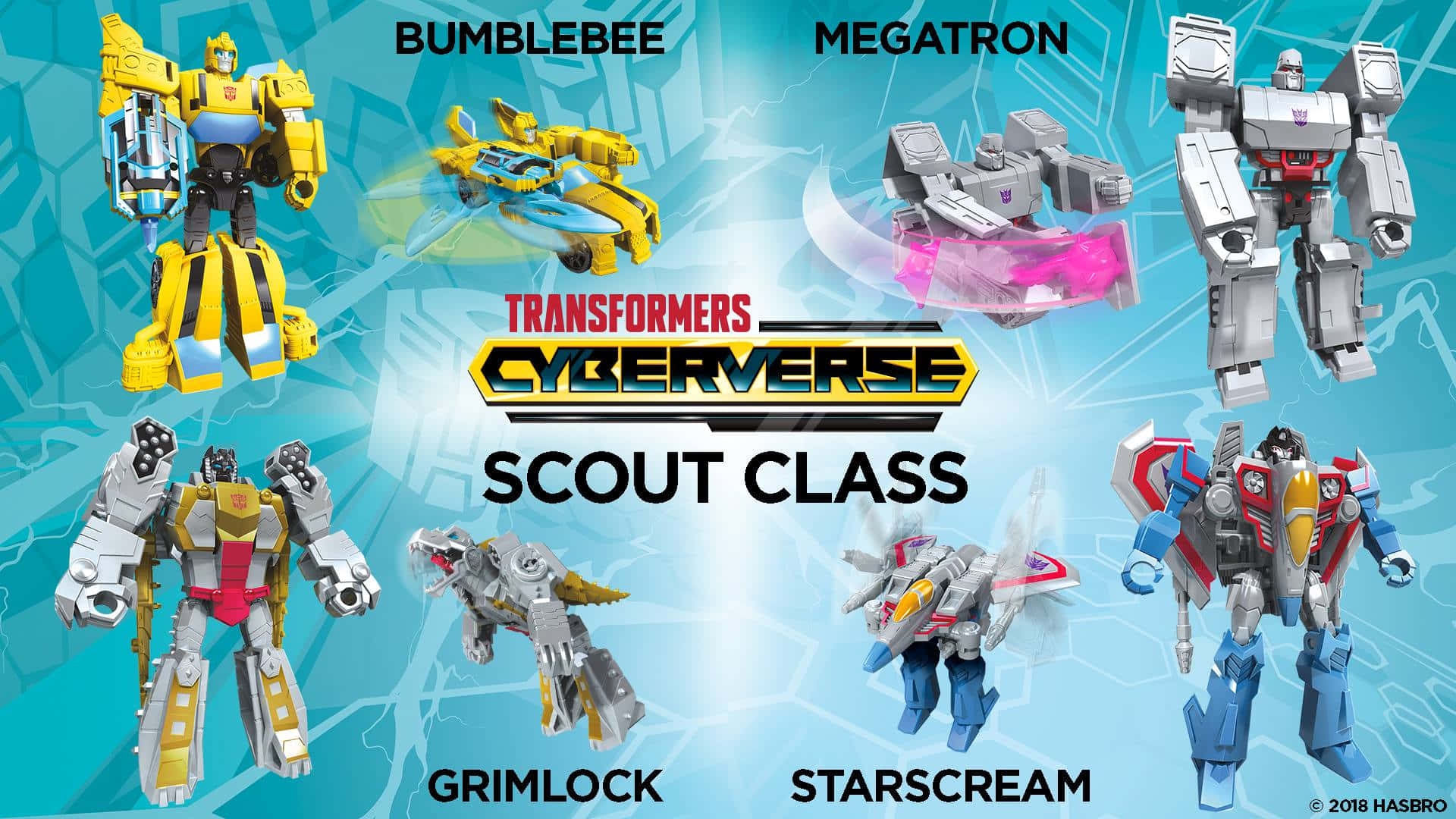 六個變形金剛 Cyberverse Scout Class 機械人玩具連名稱展示。
