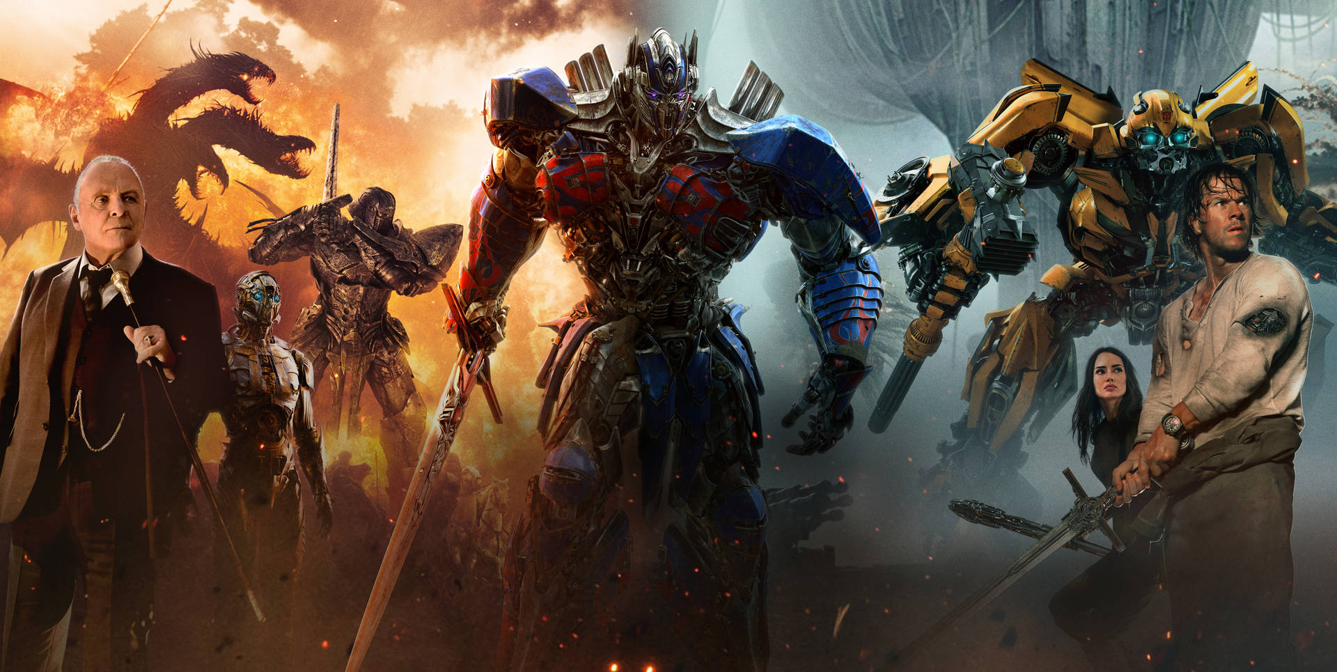 Transformers Optimus Prime 和 Bumblebee 與人類盟友一起在火焰戰鬥場景中對抗龍。