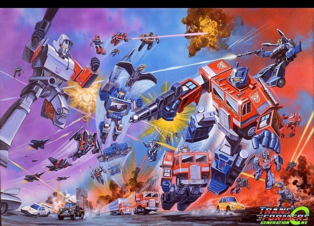 Cartoon Robot 桌布 壁紙 — 變形金剛在混亂的天空中戰鬥，伴隨著爆炸和激光射擊，背景是充滿活力的紫色和橙色。