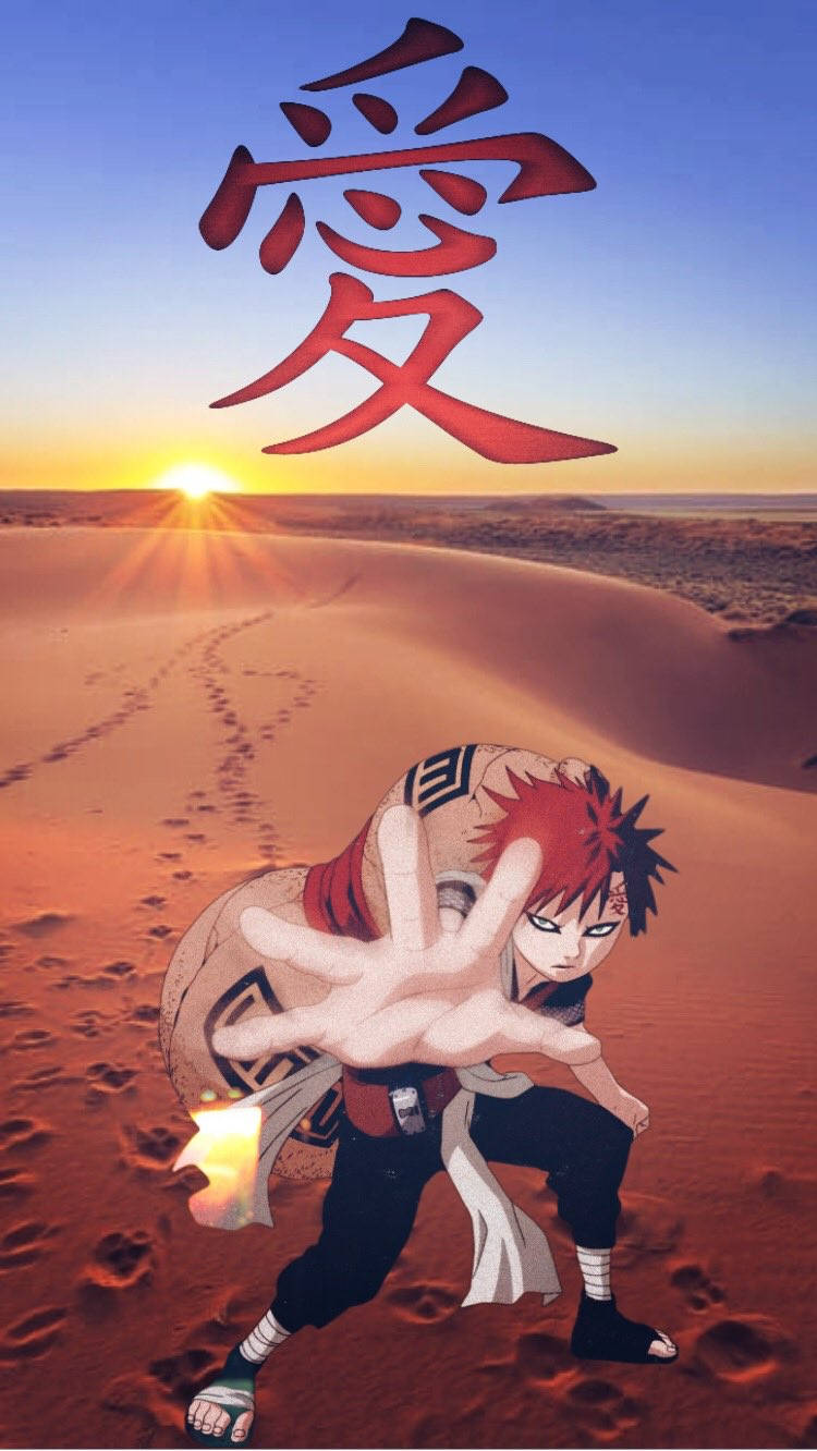 夕陽下的沙漠中，動漫忍者結手印，上方有紅色漢字。