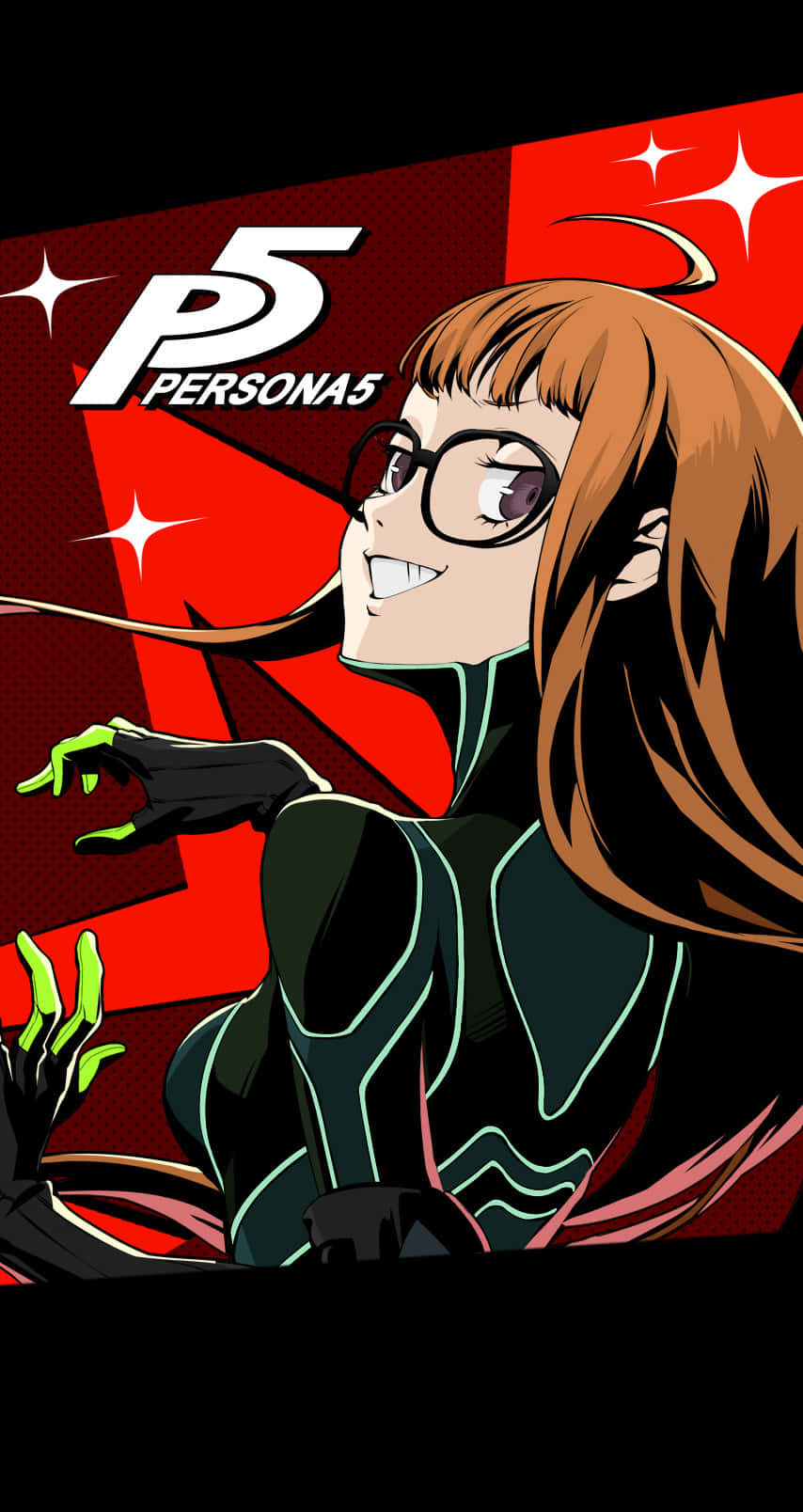 來自Persona 5的動畫角色，戴眼鏡、雙手發出綠色光芒，背景為紅色。