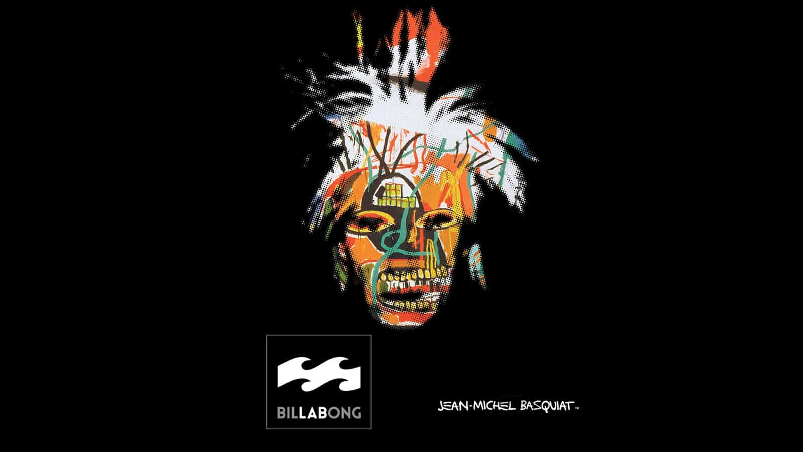 Jean-Michel Basquiat 為 Billabong 品牌創作的彩色塗鴉骷髏頭藝術品。