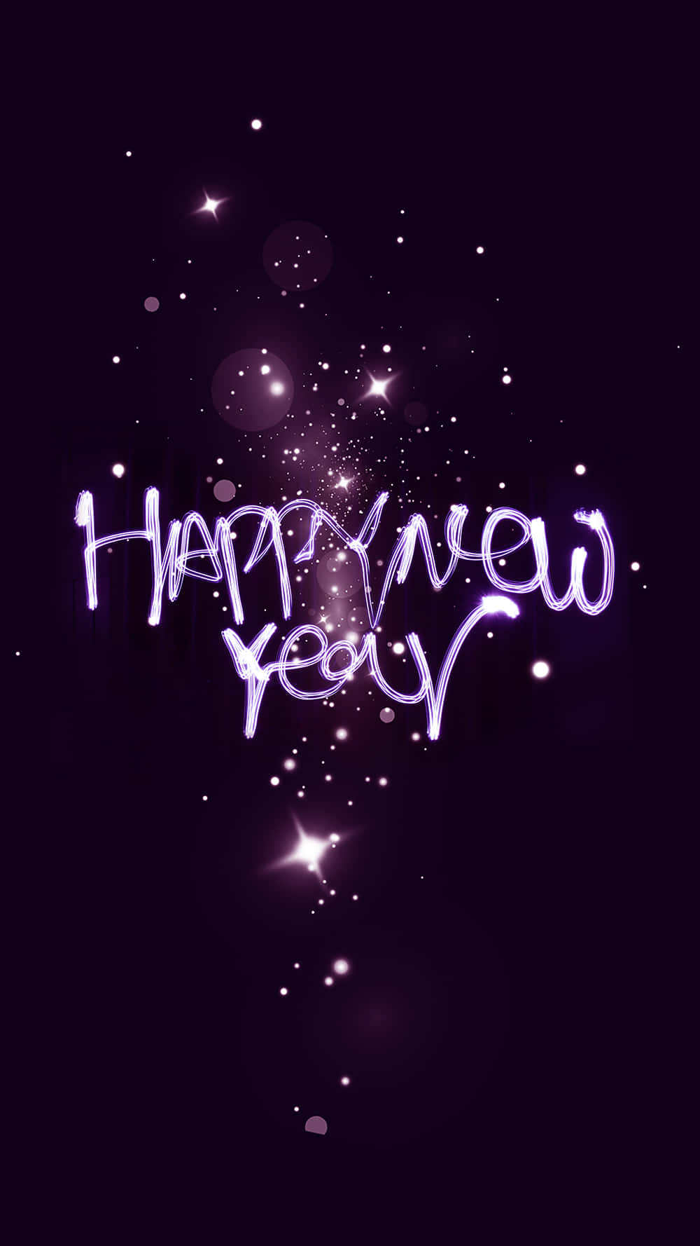發光紫色Happy New Year文字在黑暗背景上閃爍星星