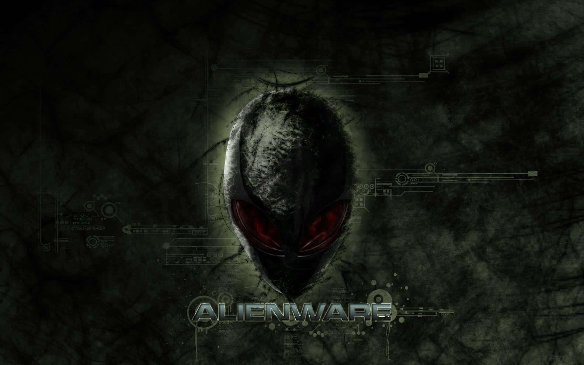 Alienware 標誌，在黑暗科技背景上帶有發光紅色眼睛。
