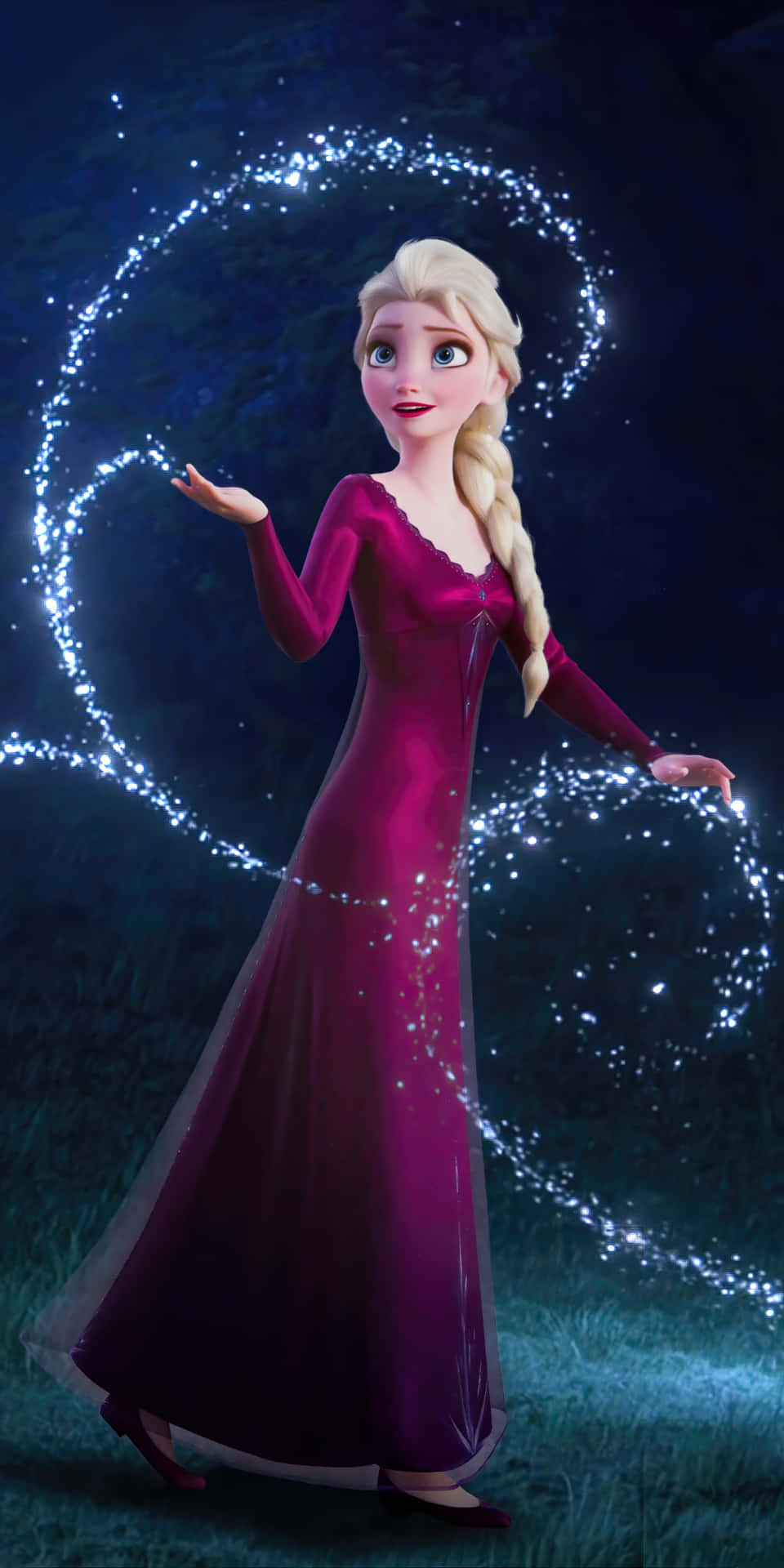 《冰雪奇緣》中的艾莎在黑暗森林中施展冰魔法。