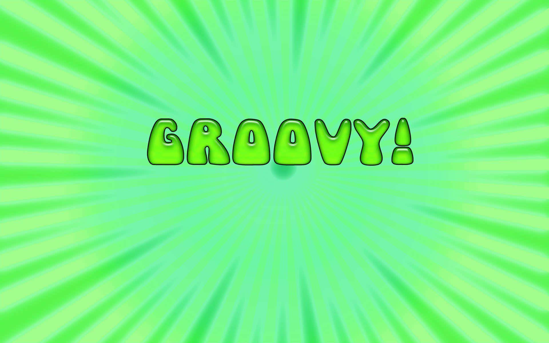 在數位背景上帶有向外輻射條紋的充滿活力的綠色「GROOVY!」文字。