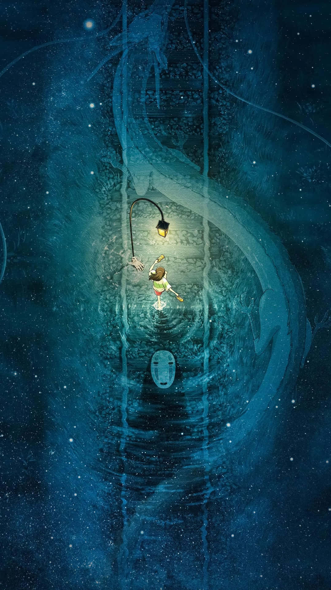 一個女孩提著燈籠，在星光宇宙隧道中的螺旋樓梯上走下來。