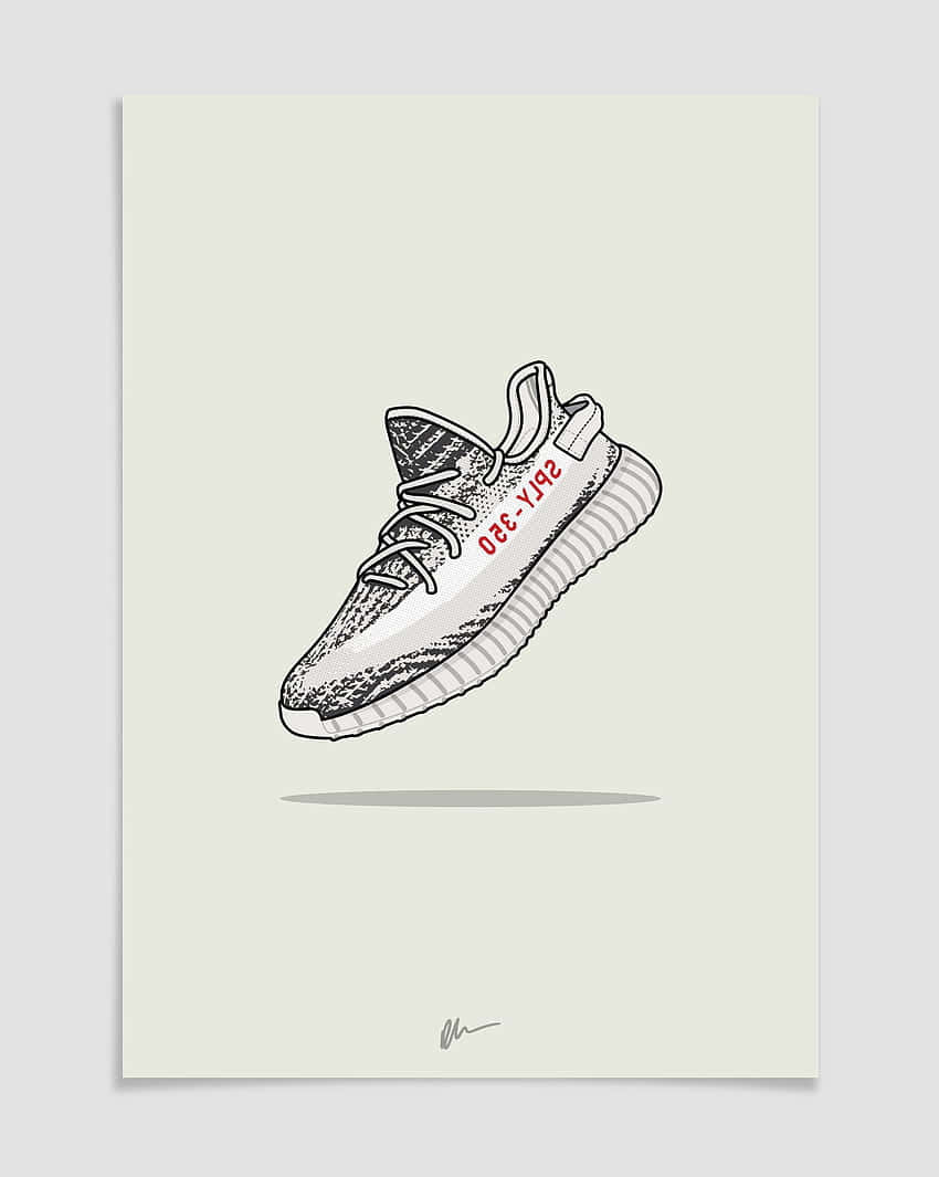 一隻風格化的白色Yeezy運動鞋，帶有紅色文字，漂浮在淡綠色背景上。