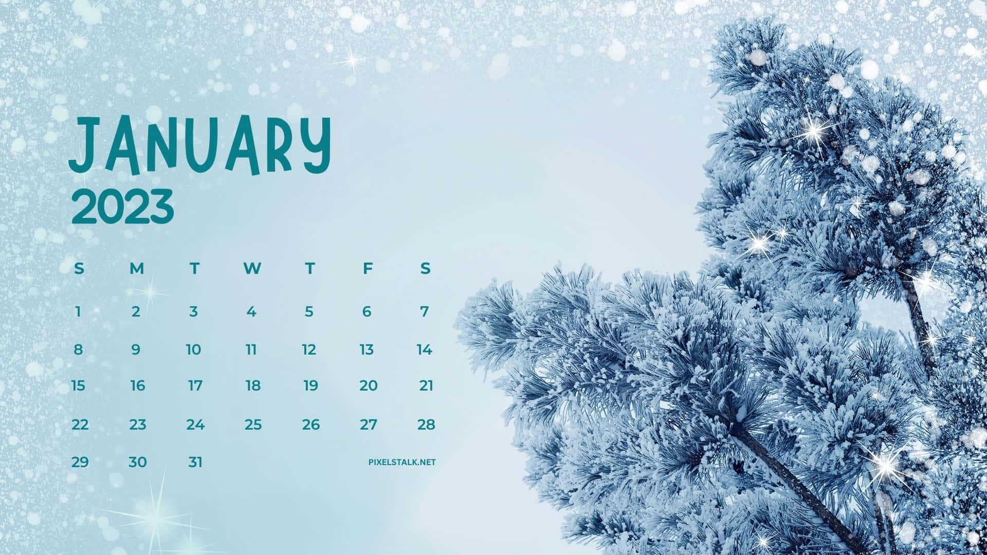 2023年1月月曆，帶有結霜的松樹枝和雪花。