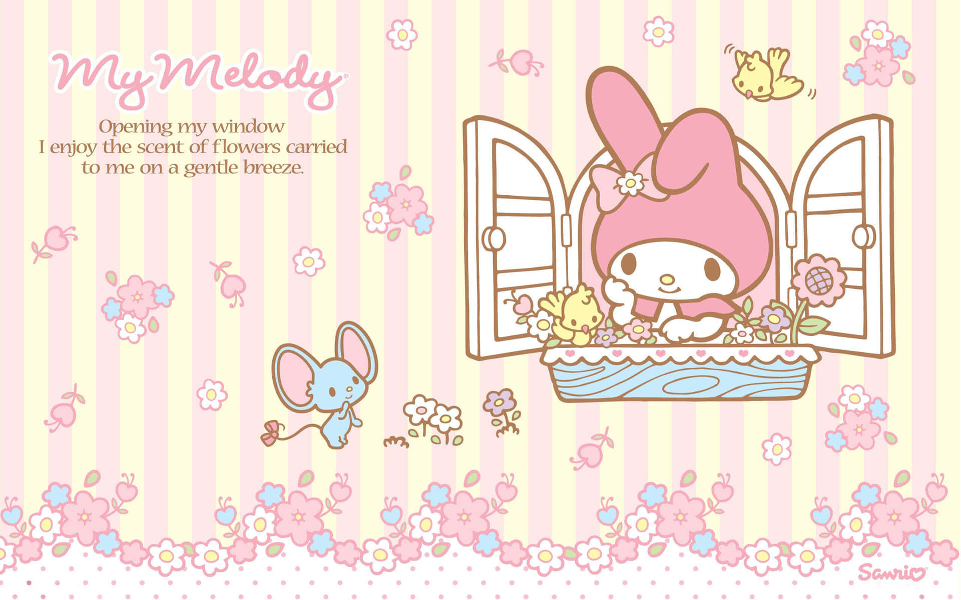 My Melody 在一個有鮮花和老鼠附近的窗台上。