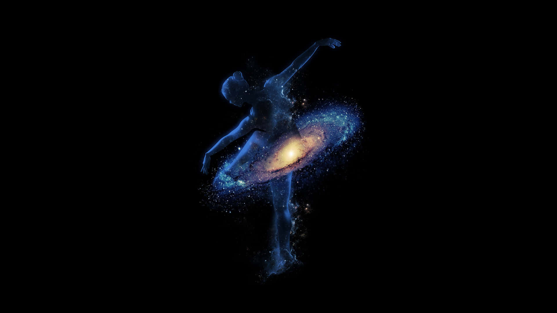 一位宇宙舞者，銀河在她腰間盤旋，背景為黑色。