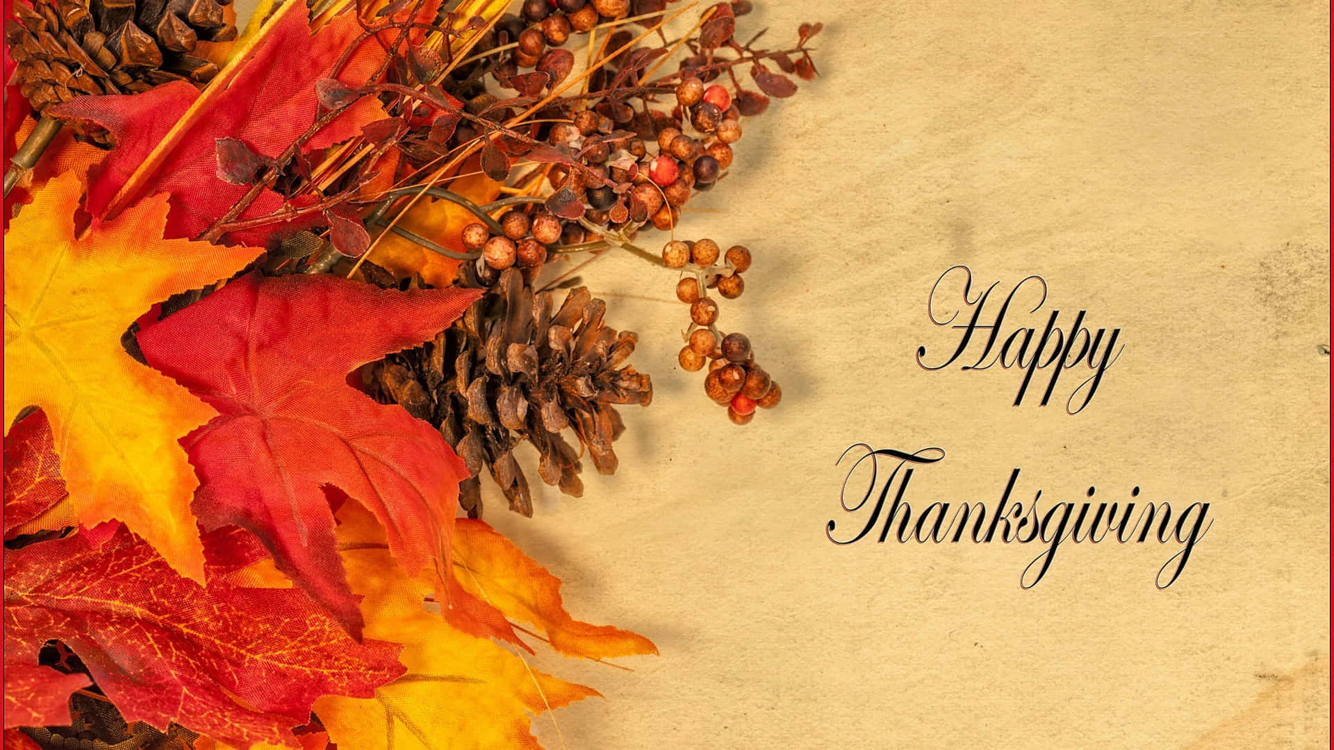 秋葉、松果和漿果，帶有 Happy Thanksgiving 文字，背景為米色