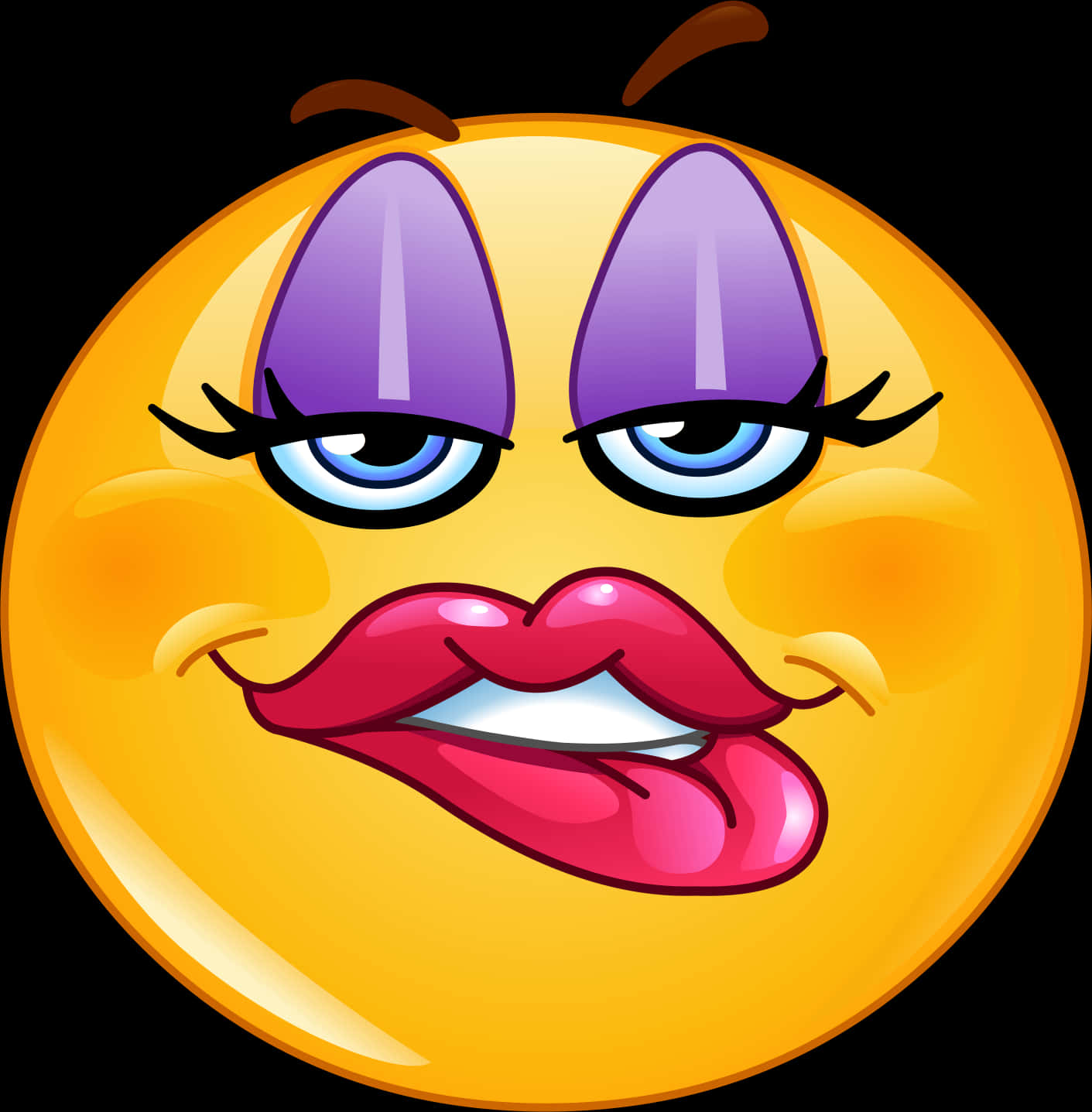 讓你內在的表情符號發光吧 壁紙 — 一個卡通表情符號臉，帶有紫色眼線、藍色眼睛和紅色嘴唇，在黑色背景上得意地笑。