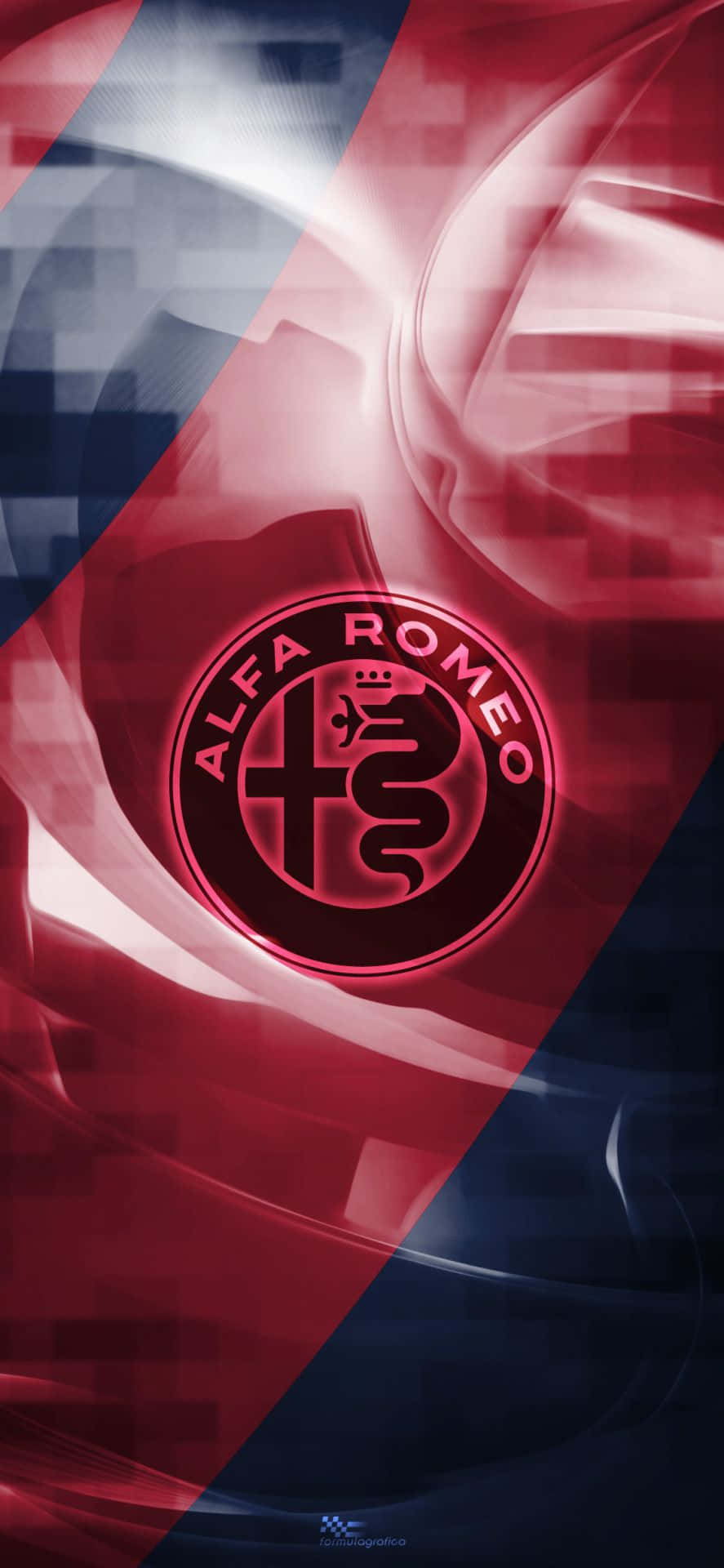 讓你的Alfa Romeo自信駕馭街頭 壁紙 — 愛快羅密歐標誌在動態抽象背景的流動紅藍波浪中發出紅光。