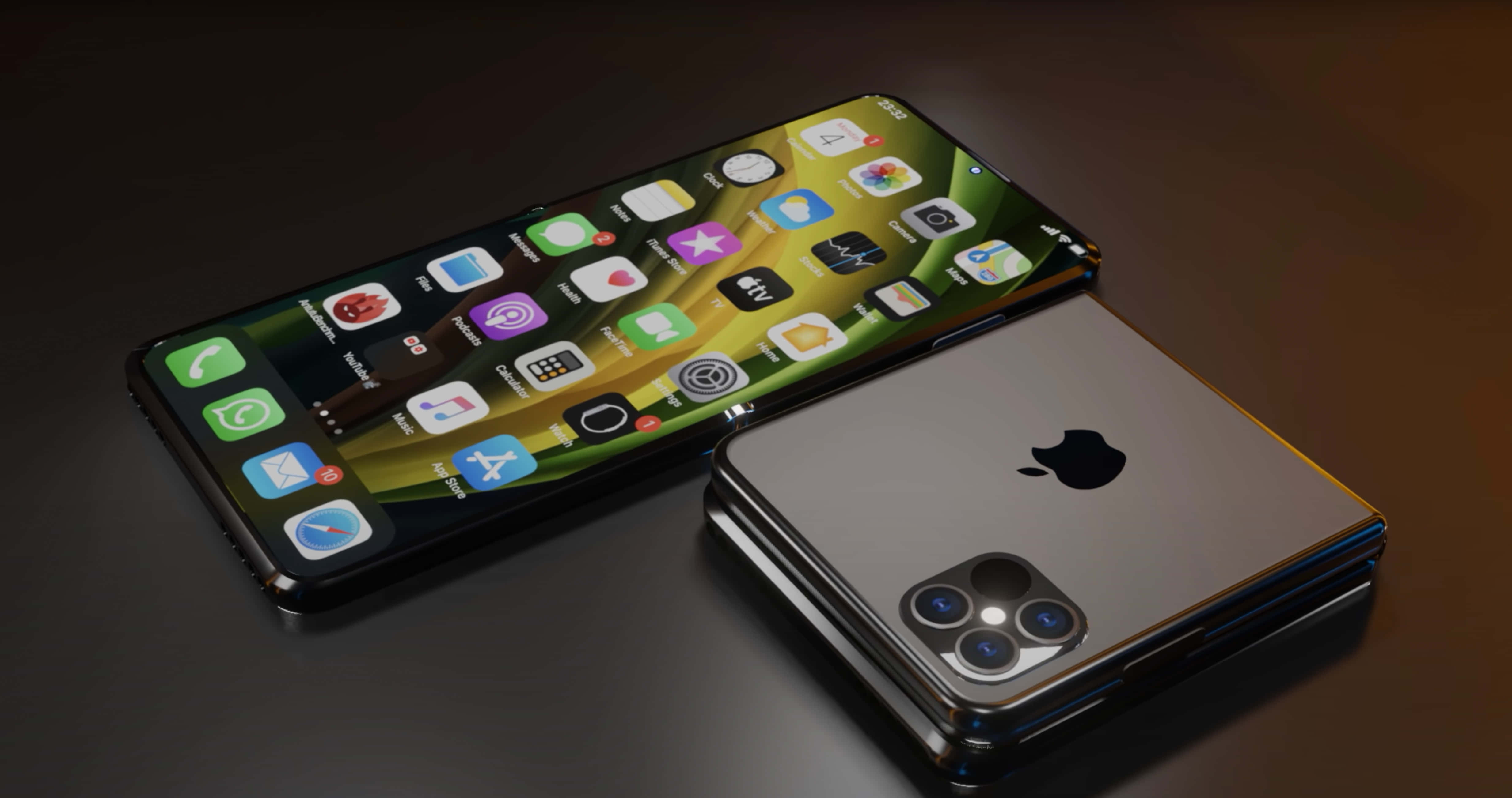 讓你的Apple手機發揮最大效能 壁紙 — 兩部時尚未來感iPhone，一部打開顯示色彩繽紛的應用程式，另一部關閉並帶有突出的相機模組，置於深色反光表面上。