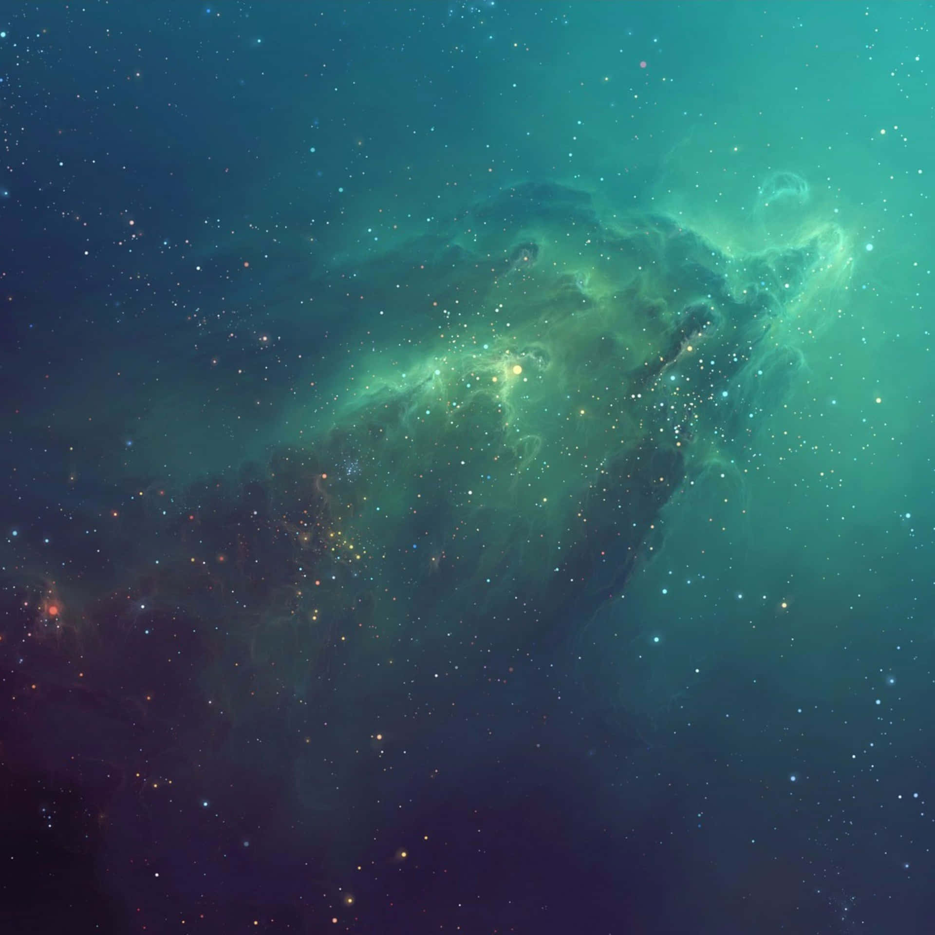 一個在深空中充滿星星的發光綠色星雲。