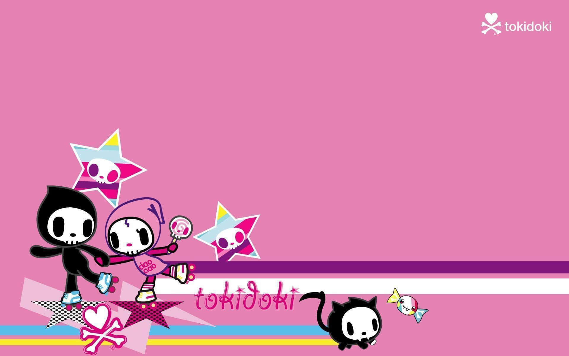 Tokidoki 卡通角色在粉紅色背景的星星上溜冰。