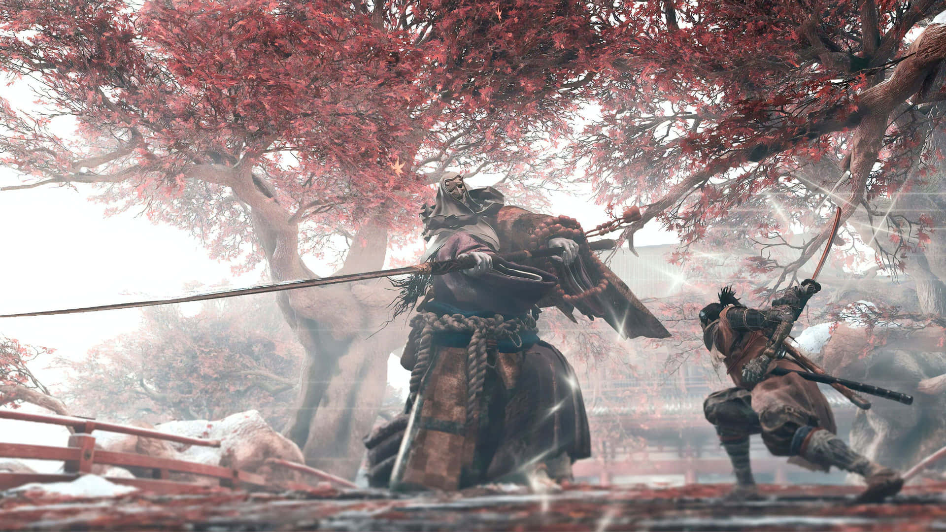 武士在黎明時分霧氣瀰漫的花園中，在紅楓樹下戰鬥。