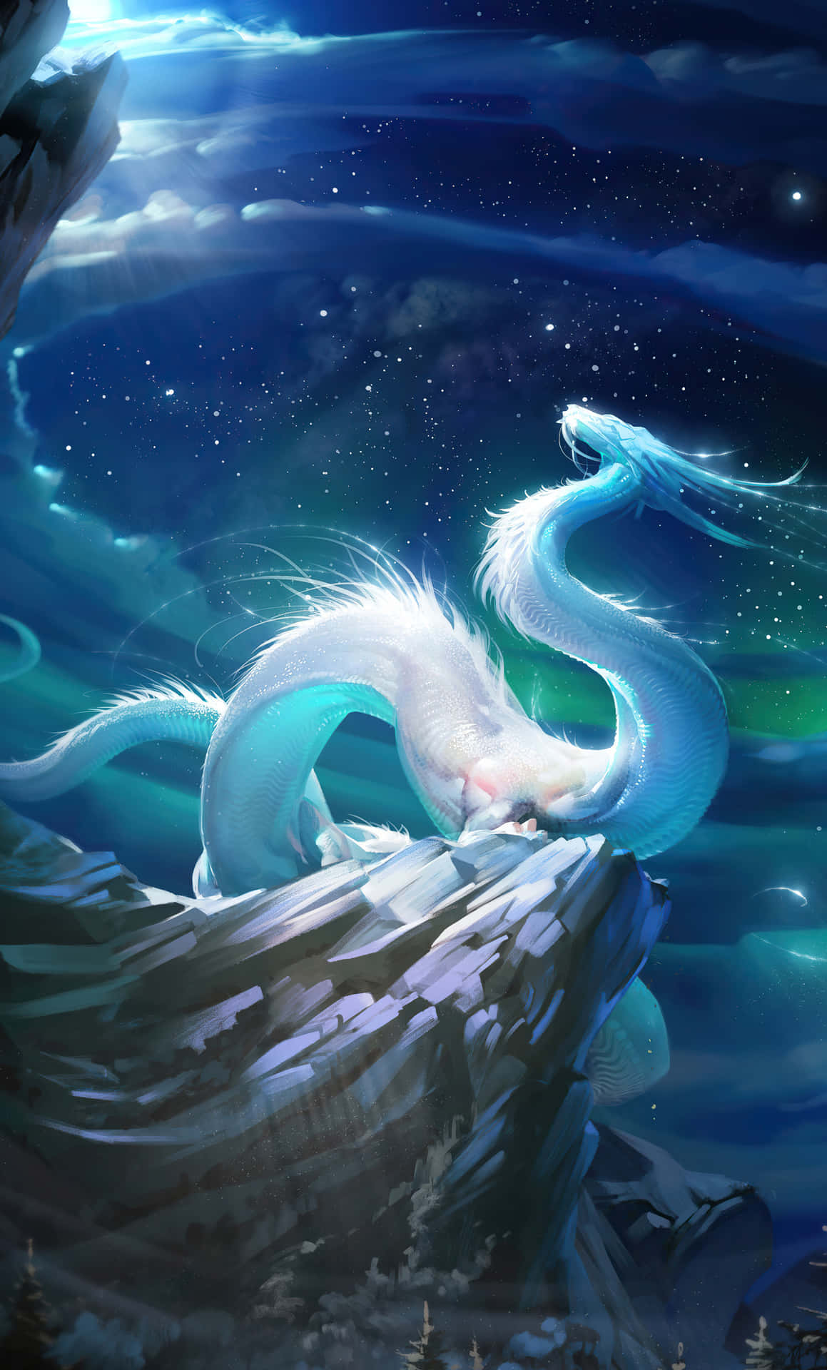 一條發光的白龍棲息在積雪的山崖上，星空極光下。