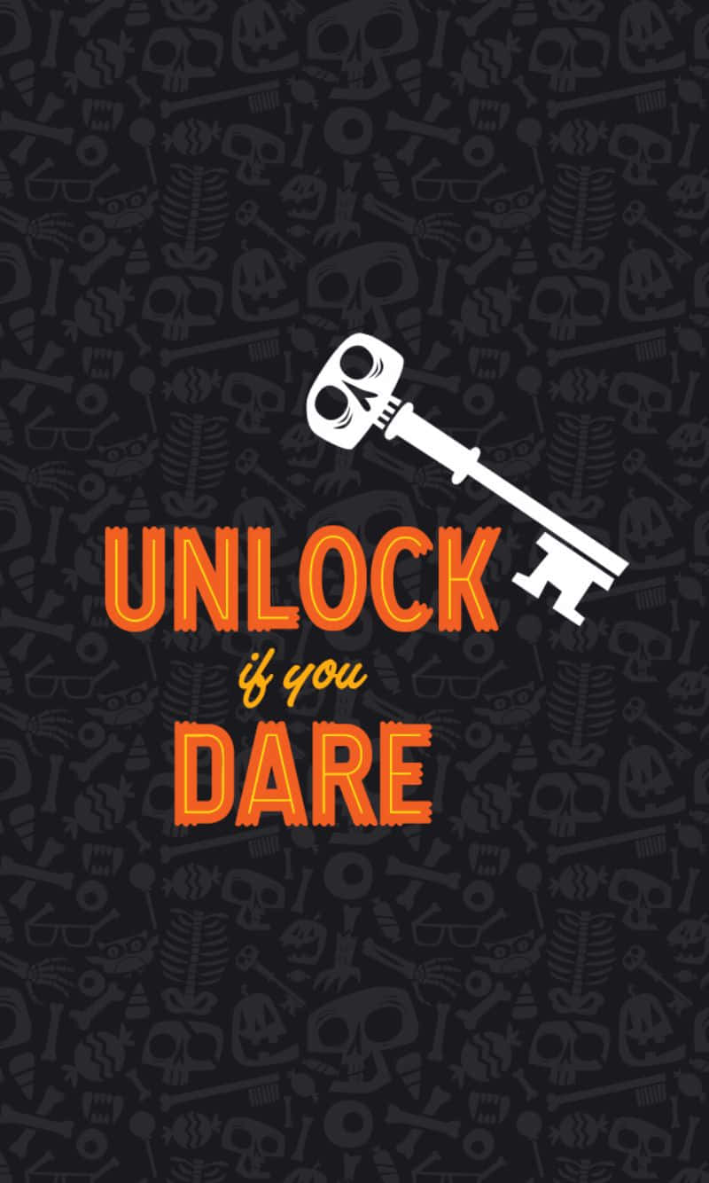 一個風格化的白色鑰匙，帶有骷髏眼睛和橙色文字 unlock if you dare，在深色背景上。