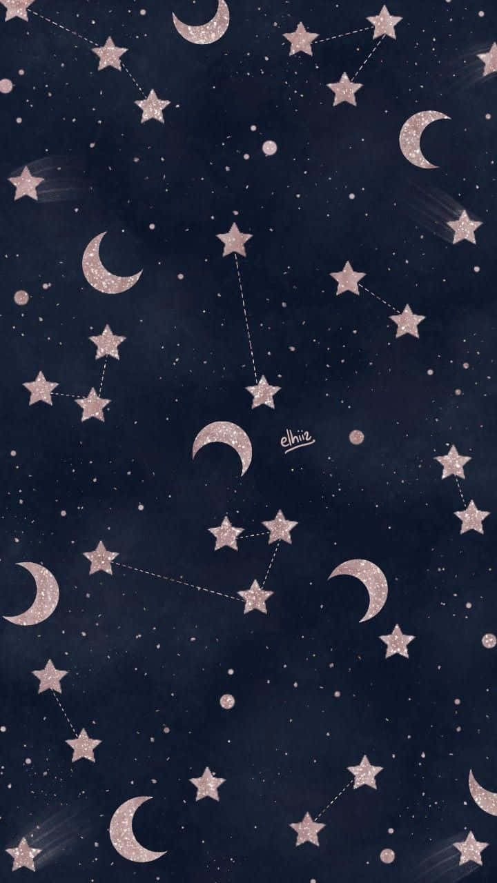 深藍色的天空，有粉紅色的閃爍星星和新月形成星座。