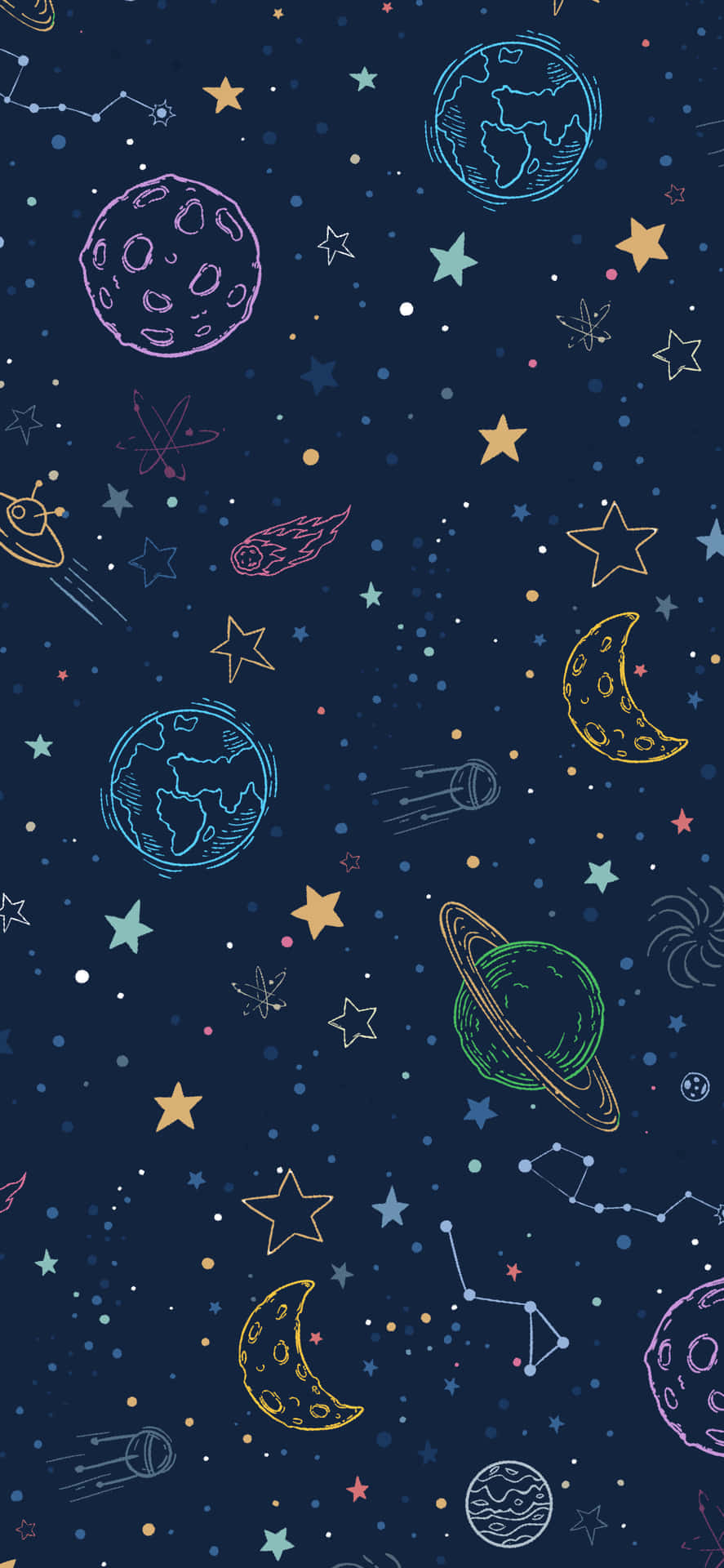 手繪太空場景，星球、星星和星座在深色背景上。