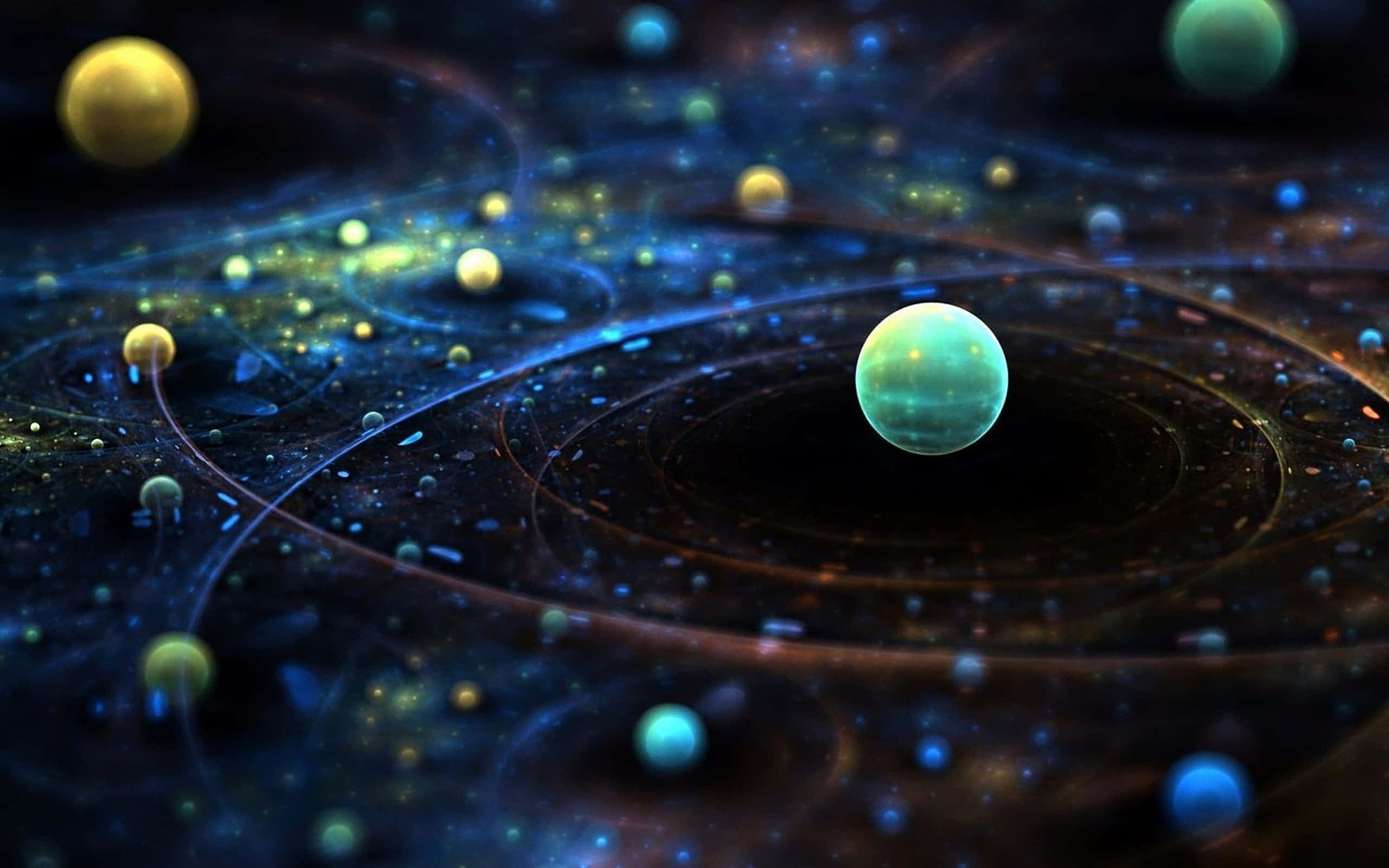 讓你的桌面探索外太空 壁紙 — 一幅迷人的數碼藝術作品，描繪了深藍色和金色色調中發光的行星和旋轉的宇宙能量。