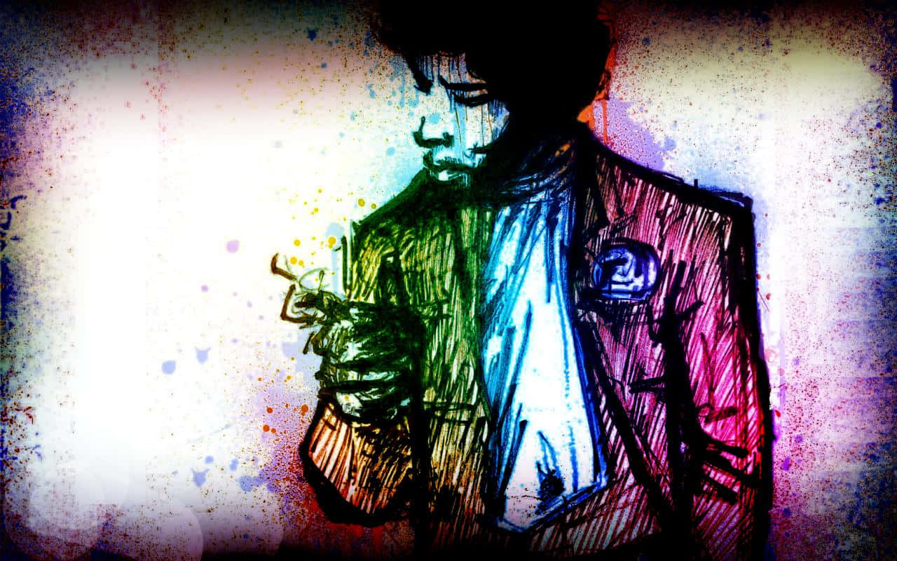 讓你的桌面沉浸在迷幻視覺的世界 壁紙 — 一個風格化的素描，描繪一個穿著彩色西裝的男人，在潑濺背景前拿著麥克風。